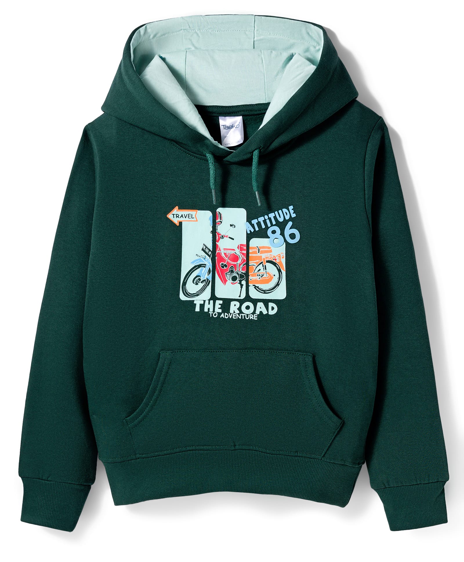 Taeko Fleece Knit Full Sleeves Hooded Sweatshirt With Motorcycle Print & Kangaroo Pockets - Green-picture-31