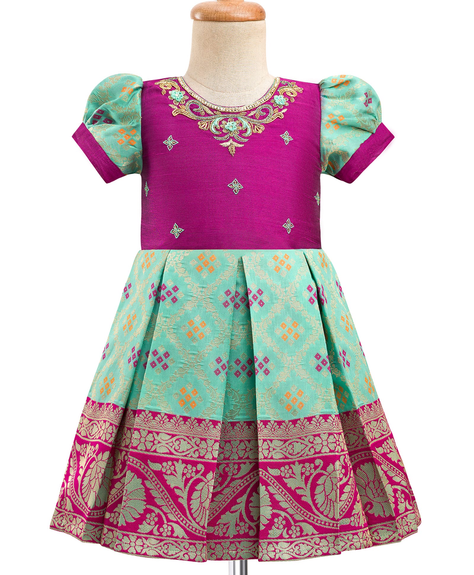 Enfance Half Puffed Sleeves Banarasi Floral Printed Pattu Pavdai Knee Length Dress - Green-image-33