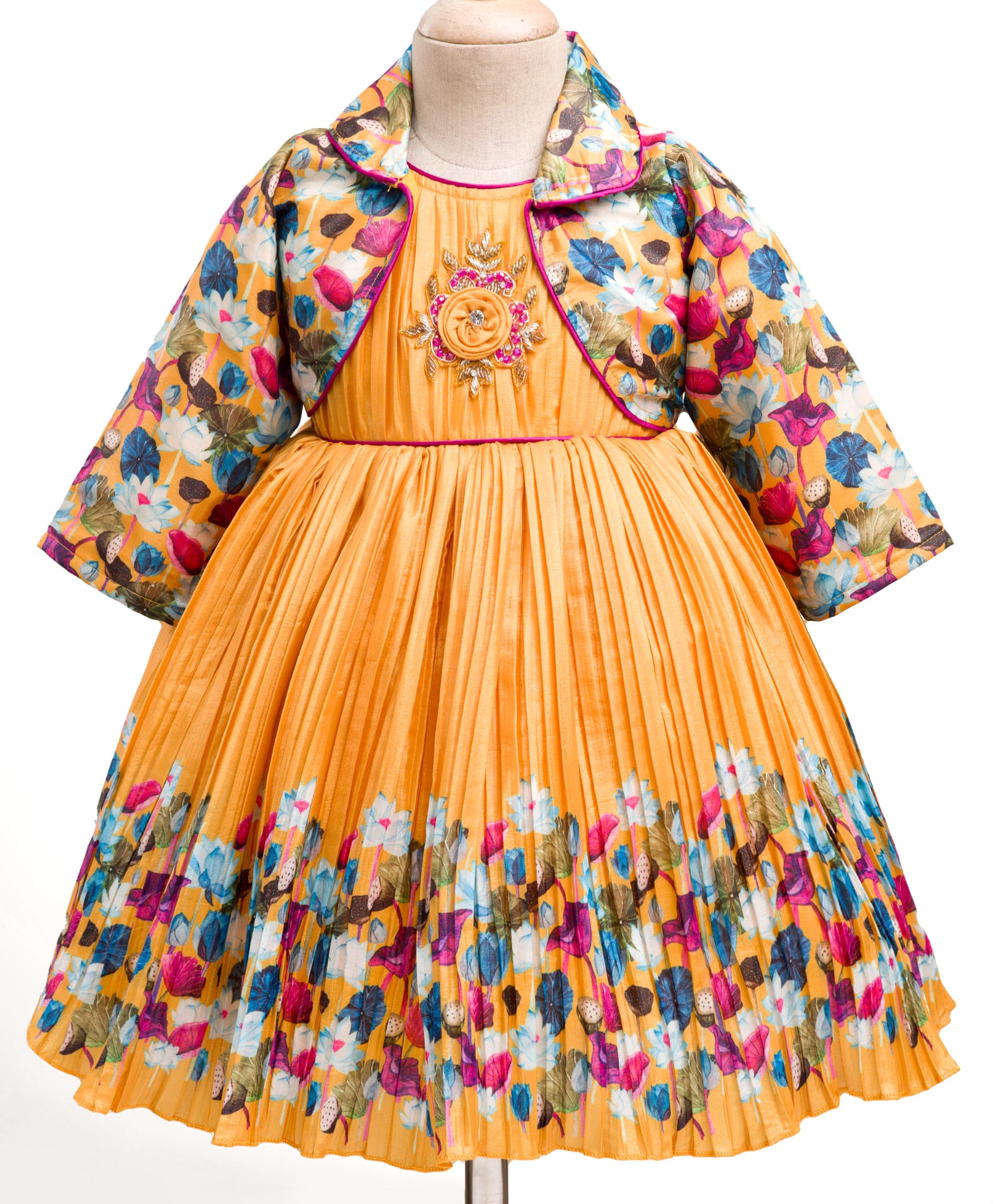 Enfance Beads & Stone Embellished Floral Applique Detailed & Printed Knee Length Dress With Full Sleeves Jacket - Cream-image-8