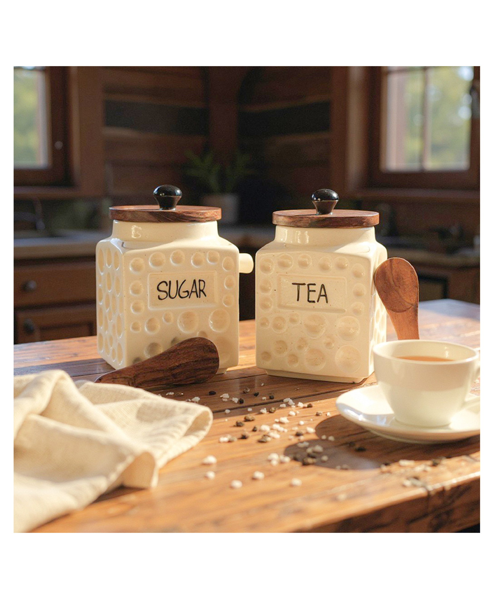 VOIDROP Ceramic Sugar Tea Jar Container Set of 2 Airtight Kitchen Storage Containers with Wooden Lids & Spoons Handcrafted Ceramic Canisters for Countertop, Pantry & Home Decor 250ml each-image-47