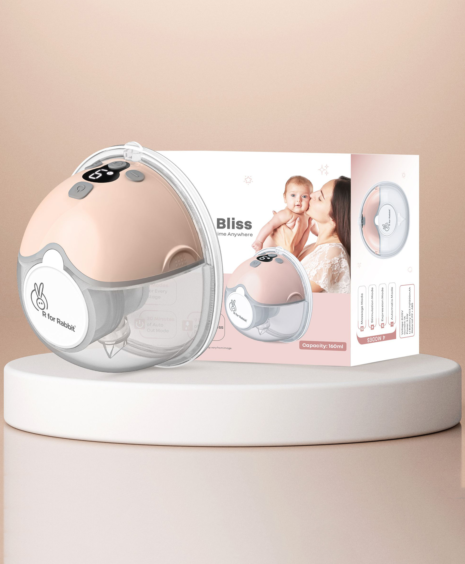 R for Rabbit Lactella Bliss Electric Breast Pump with 4 Modes, 9 Suction Levels, Rechargeable Battery, Travel-Friendly Ultra-Thin Design for Breastfeeding Mothers Peach