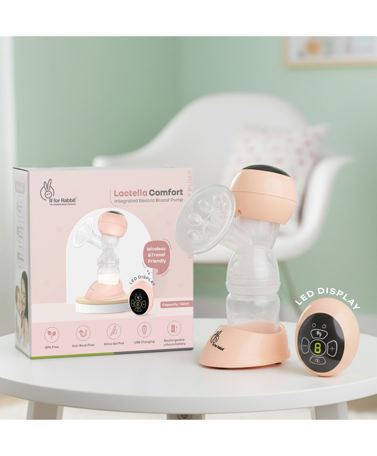 R for Rabbit Lactella Comfort Electric Breast Pump for Mothers with LED Display, Timer Control, Silica Gel Pad, Dual Modes, 9 Levels, Anti-Backflow Protection, Travel Friendly Peach