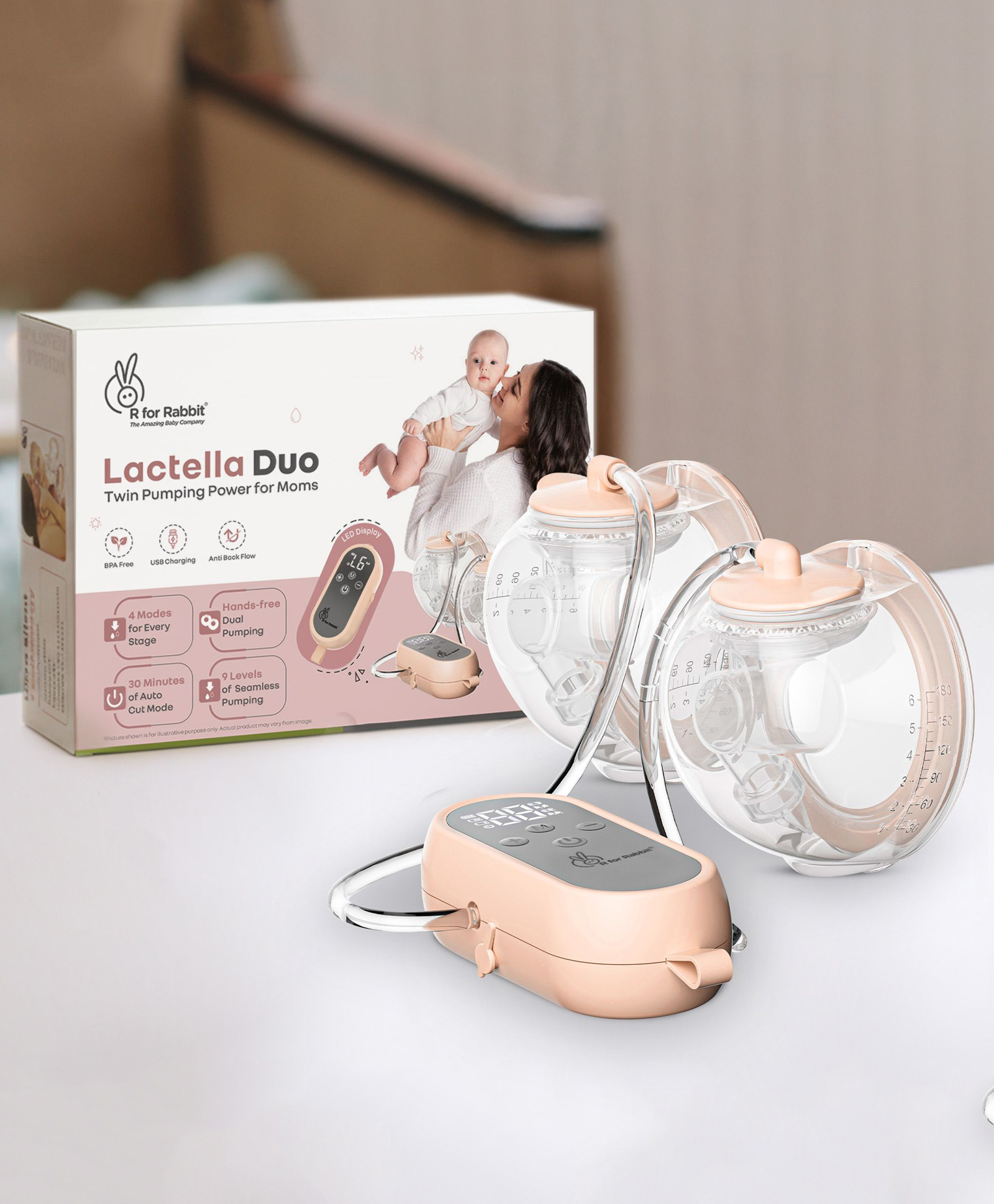 R for Rabbit Lactella Duo Electric Breast Pump with 4 Modes, 9 Pumping Levels, Anti-Backflow System, Rechargeable, Lightweight and Portable Milk Pump for Breastfeeding Mothers - Peach