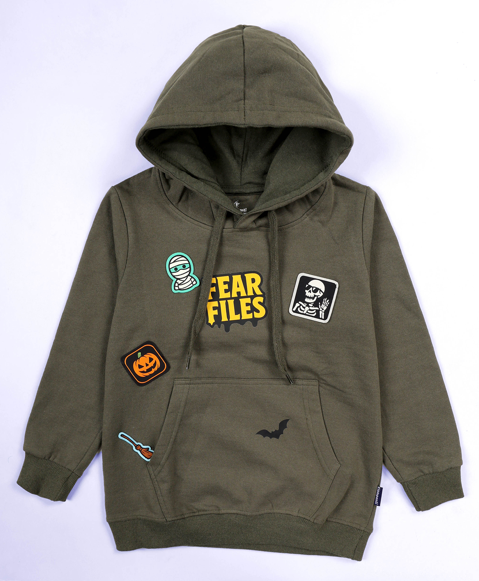 Kiddopanti Fleece Knit Halloween Theme Full Sleeves Skeleton Patch Detailed Hooded Light Winter Sweatshirt - Military Green-picture-10