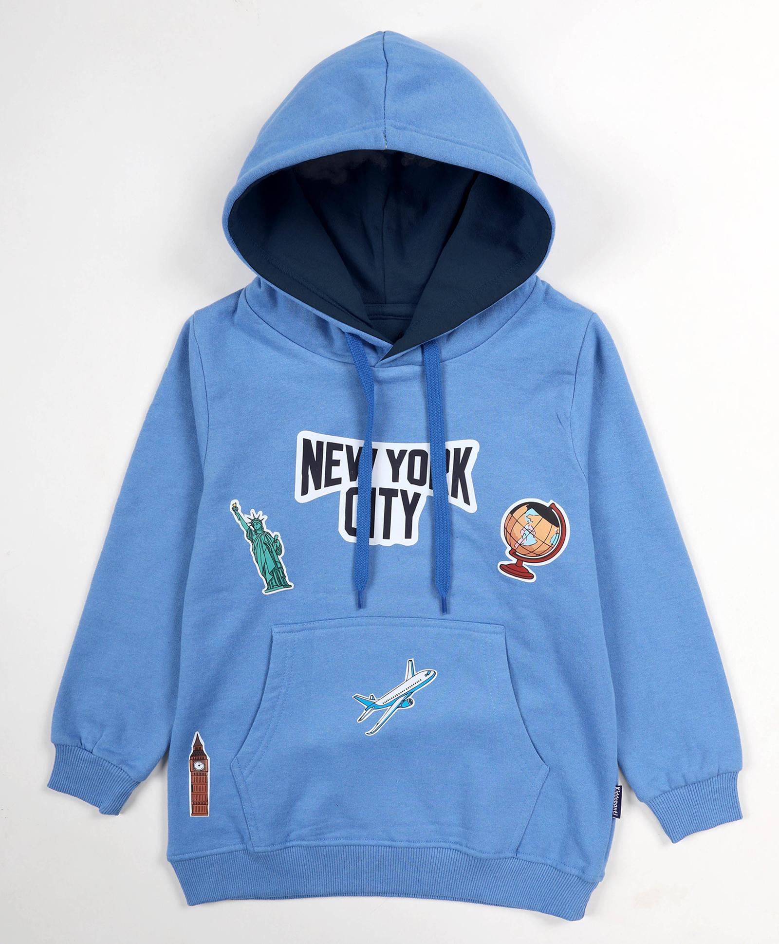 Kiddopanti Fleece Knit Full Sleeves New York City Text Printed Hooded Light Winter Sweatshirt - Dusty Blue-picture-28