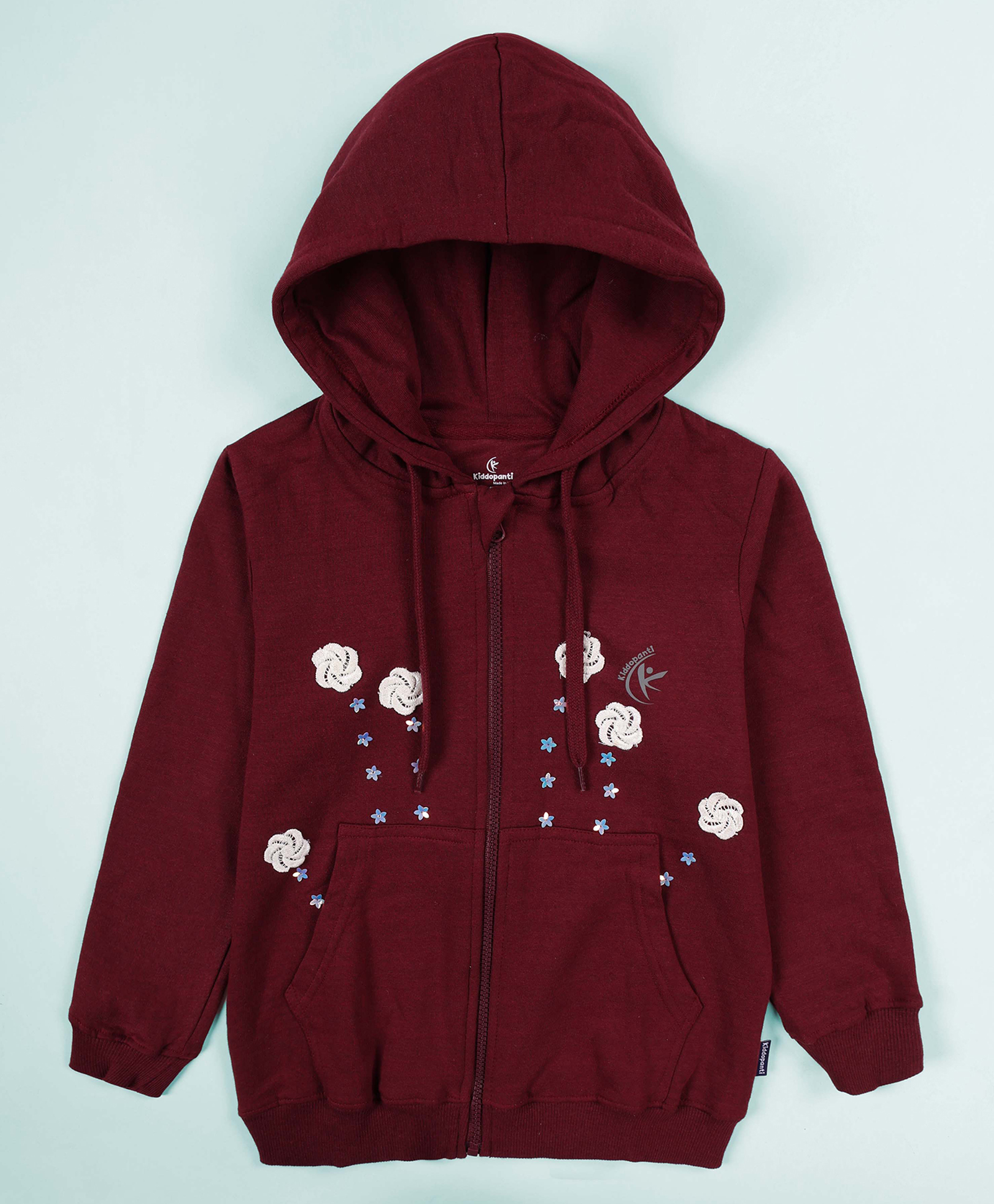 Kiddopanti Fleece Knit Full Sleeves Floral Lace Detailed & Sequins Embellished Hooded Light Winter Sweatshirt - Maroon-picture-37