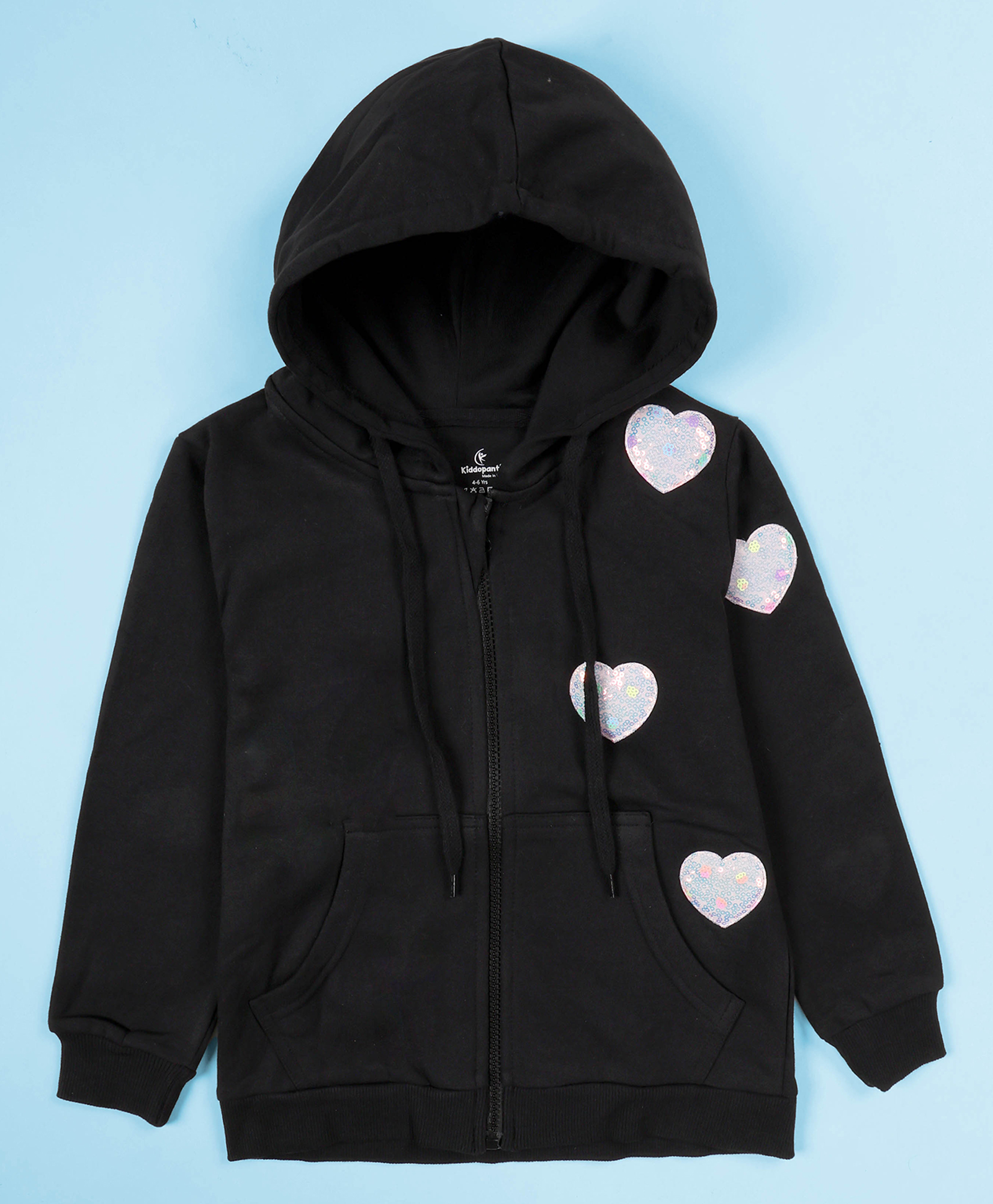 Kiddopanti Fleece Knit Full Sleeves Heart Patch Detailed & Sequins Embellished Hooded Light Winter Sweatshirt - Black-picture-21