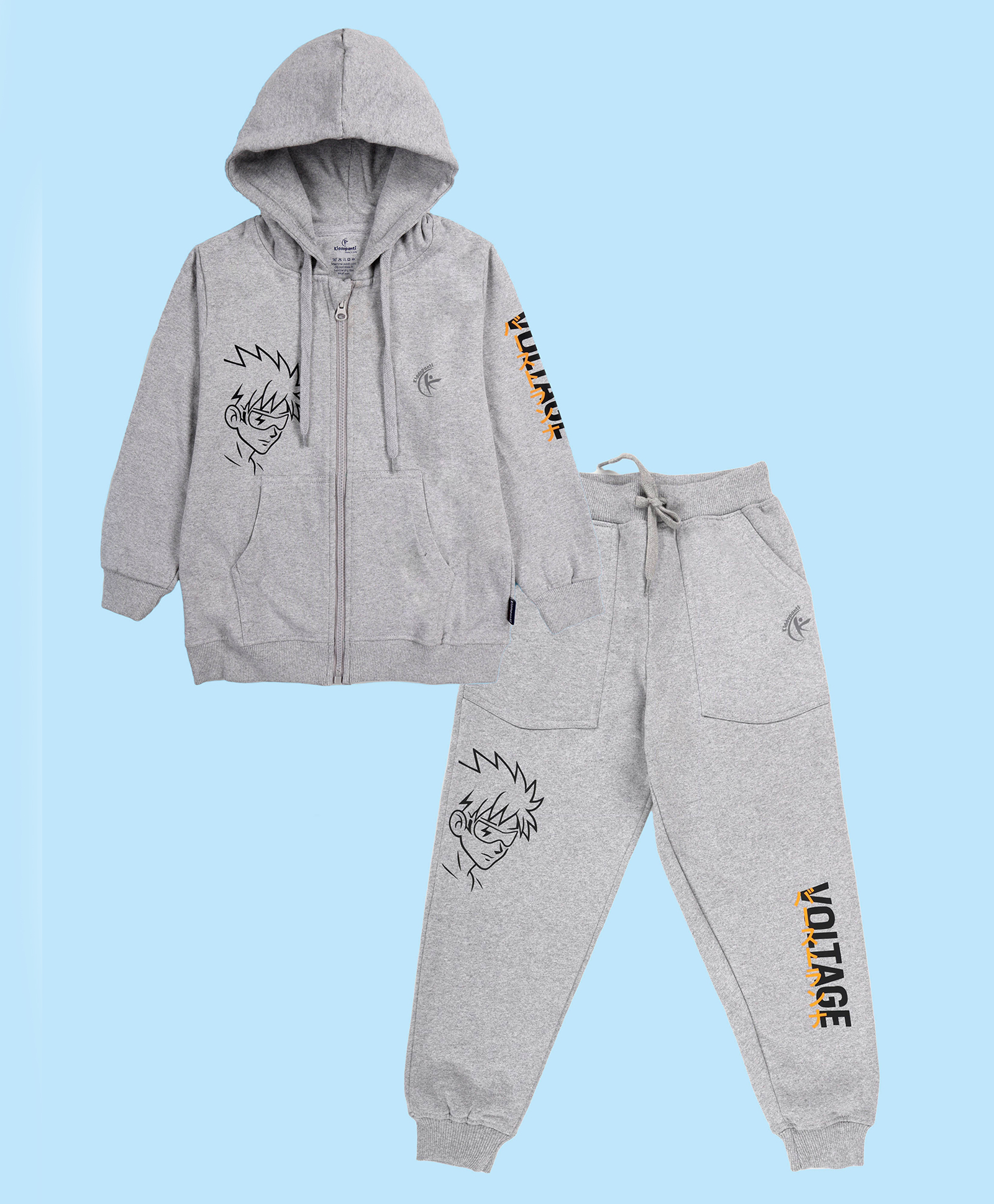 Kiddopanti Fleece Knit Full Sleeves Character Printed Hooded Light Winter Sweatshirt & Track Pants Set - Grey Melange-image-7