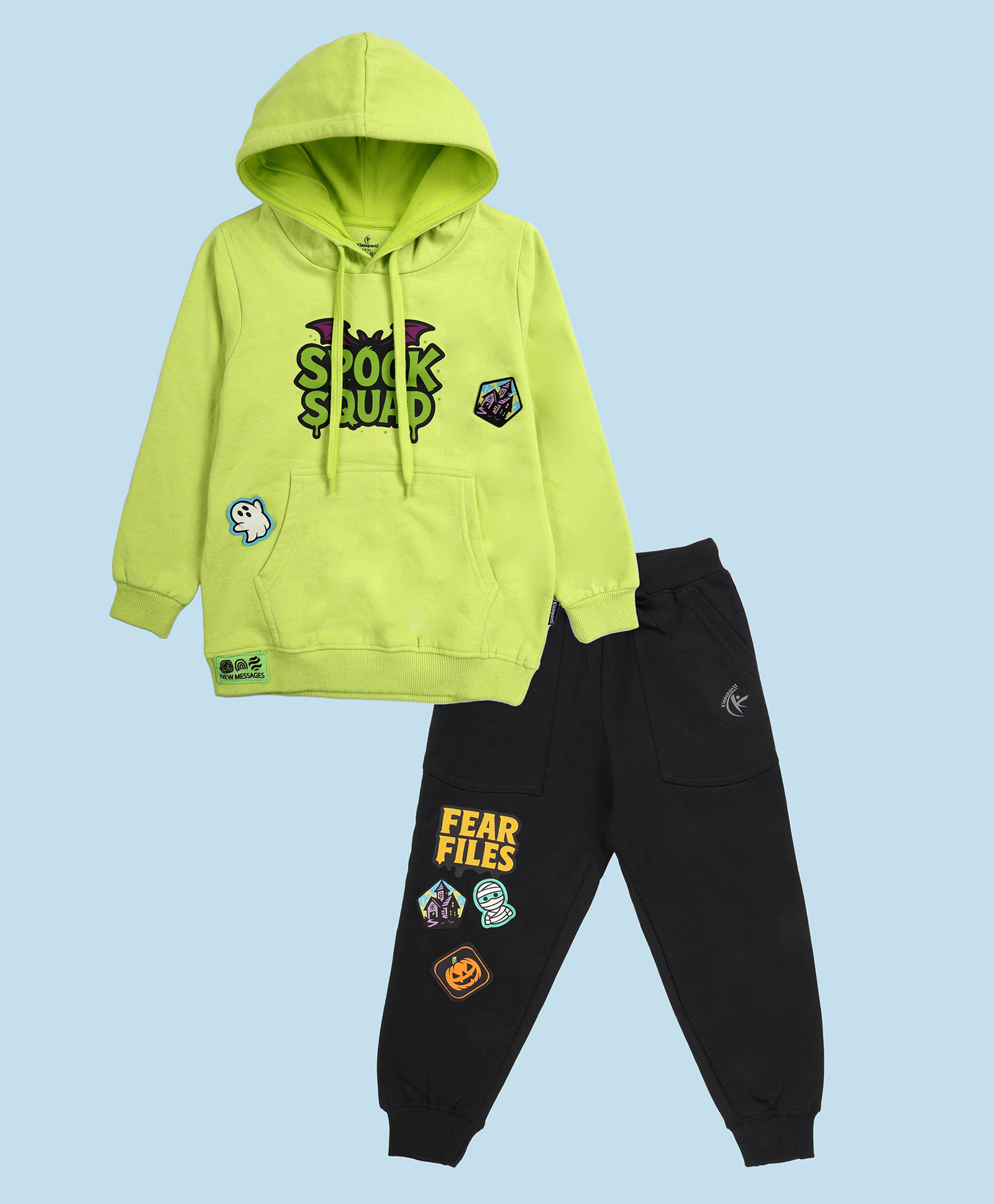 Kiddopanti Fleece Knit Halloween Theme Full Sleeves Fear Files Text Printed Hooded Light Winter Sweatshirt & Track Pants Set - Neon Green & Black-image-7