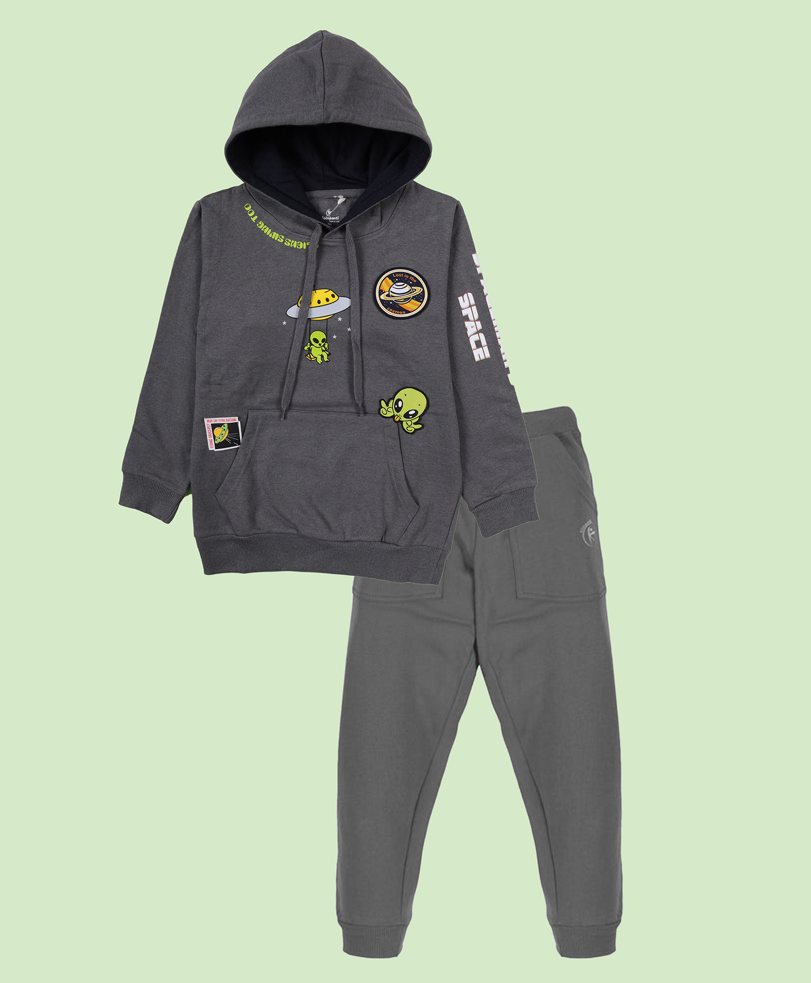 Kiddopanti Fleece Knit Full Sleeves Space Theme Printed Hooded Light Winter Sweatshirt & Track Pants Set- Grey-image-11