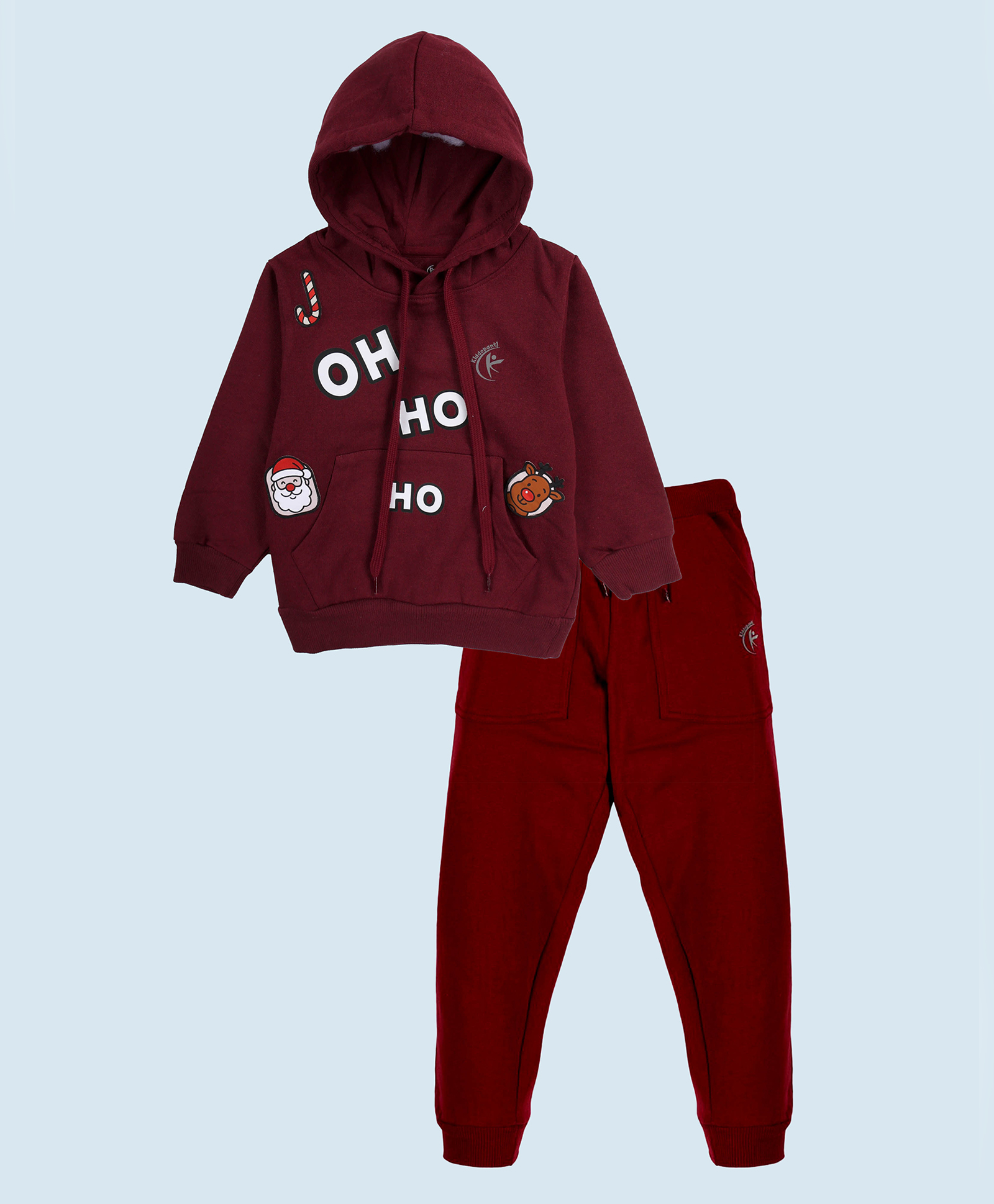 Kiddopanti Fleece Knit Christmas Theme Full Sleeves Candy Cane & Reindeer Printed Hooded Light Winter Sweatshirt & Track Pants Set - Maroon-image-12