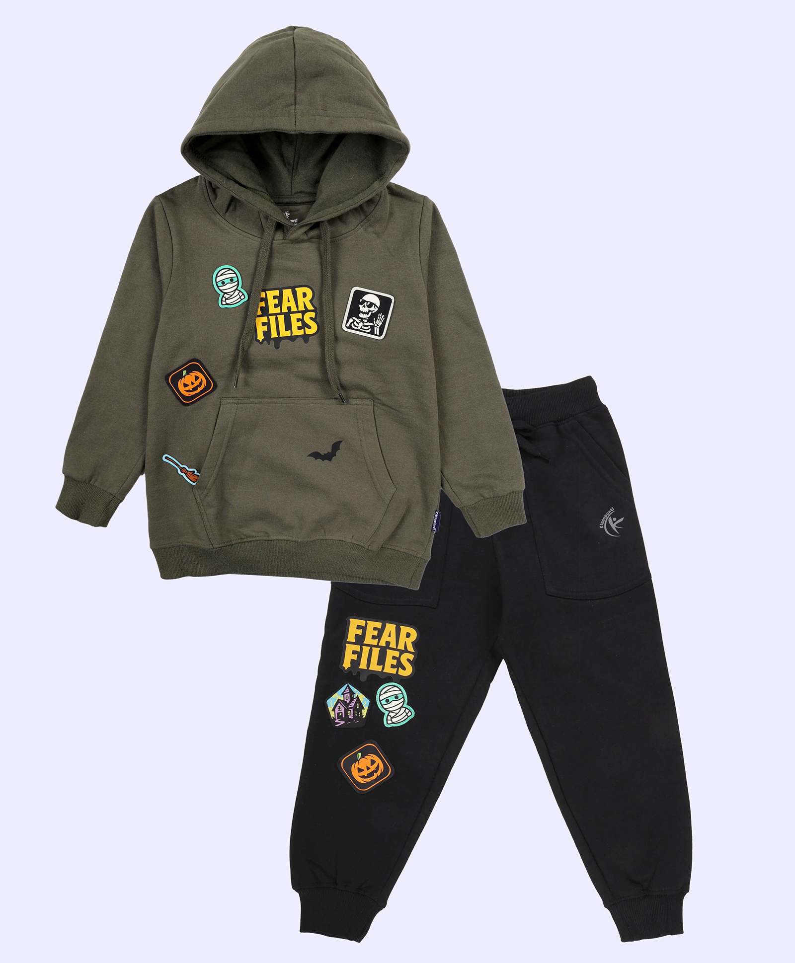 Kiddopanti Fleece Knit Halloween Theme Full Sleeves Fear Files Text Printed Hooded Light Winter Sweatshirt & Track Pants Set - Military Green & Black-image-19