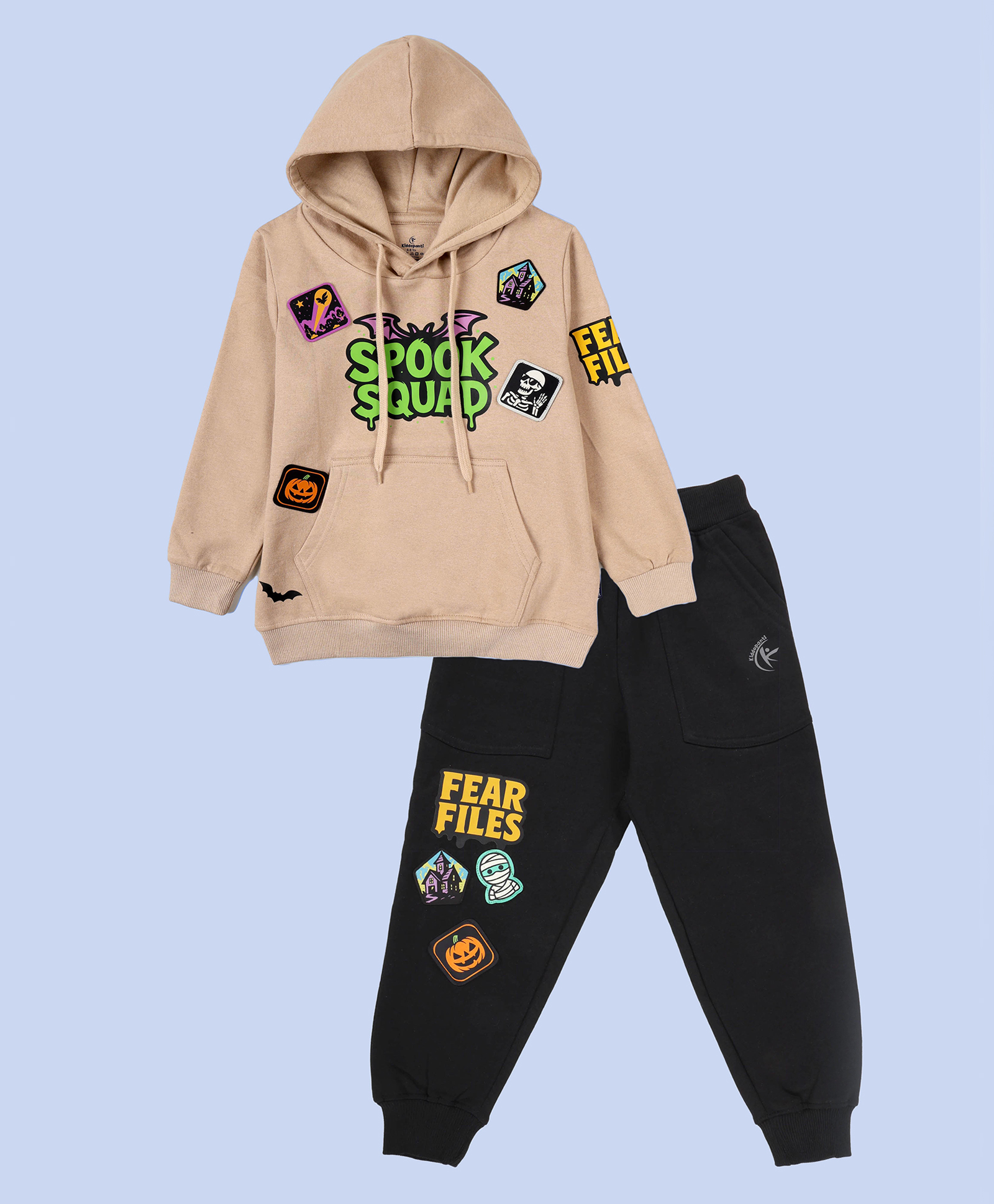 Kiddopanti Fleece Knit Halloween Theme Full Sleeves Spook Squad Text Printed Hooded Light Winter Sweatshirt & Track Pants Set - Beige & Black-image-20