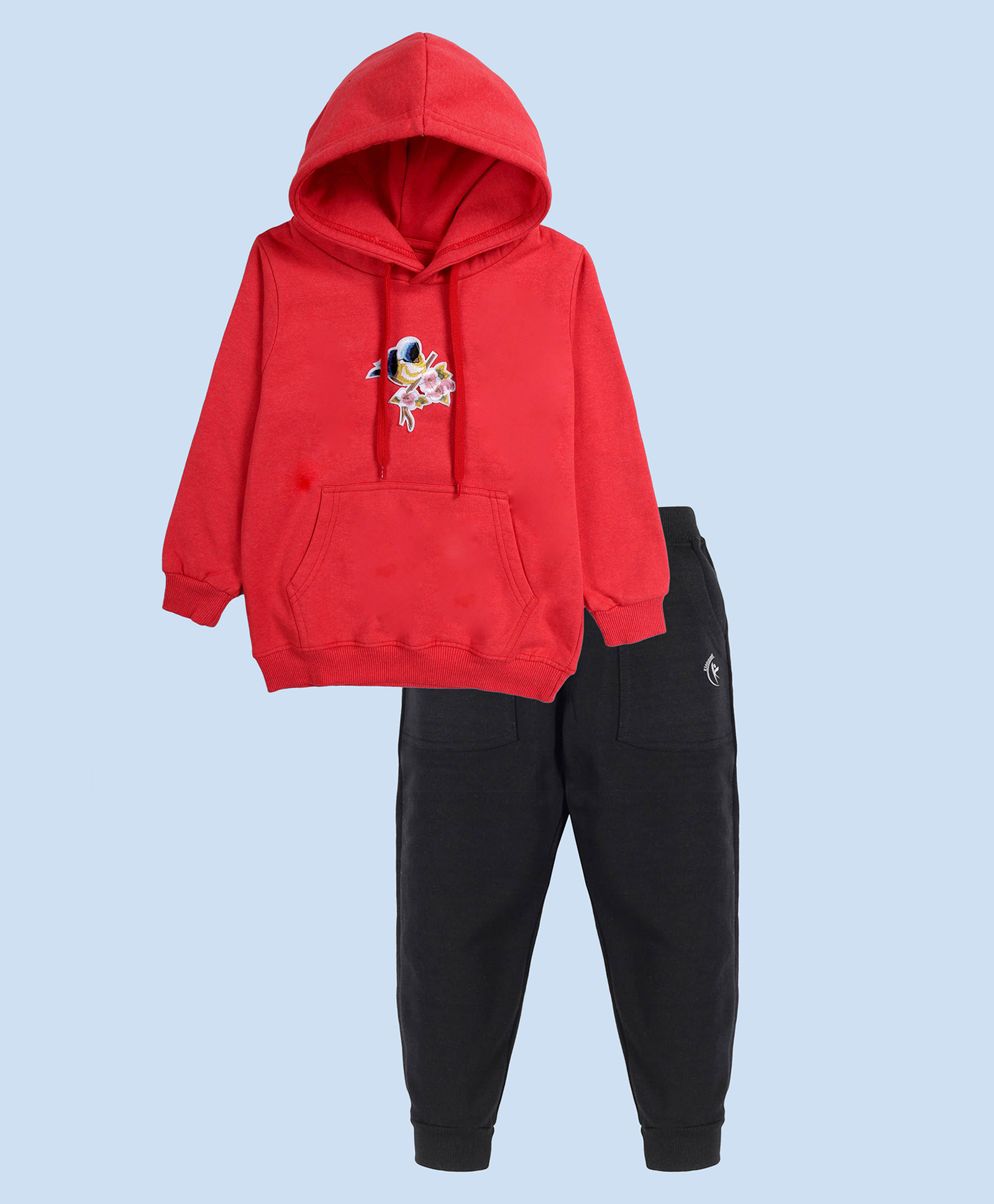 Kiddopanti Fleece Knit Full Sleeves Birds Patch Detail & Sequins Embellished Winter Hooded Sweatshirt With Track Pants Set - Coral & Black-image-2