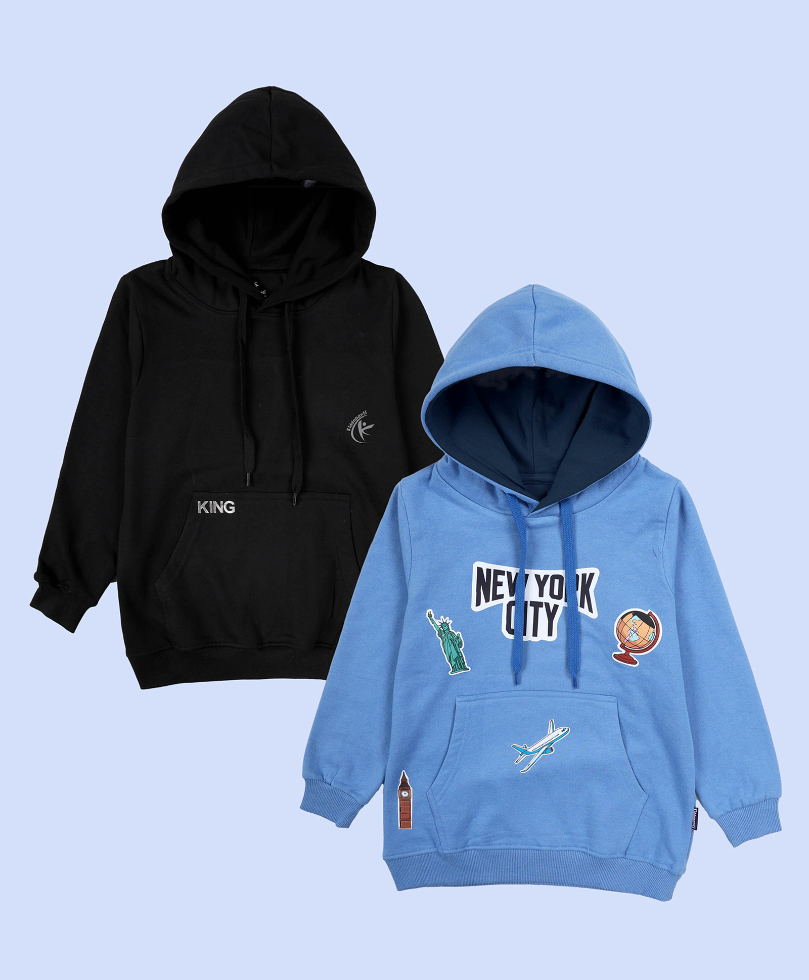 Kiddopanti Fleece Knit Pack of 2 Full Sleeves Solid & New York City Text Printed Light Winter Hoodies - Black & Dusty Blue-image-1