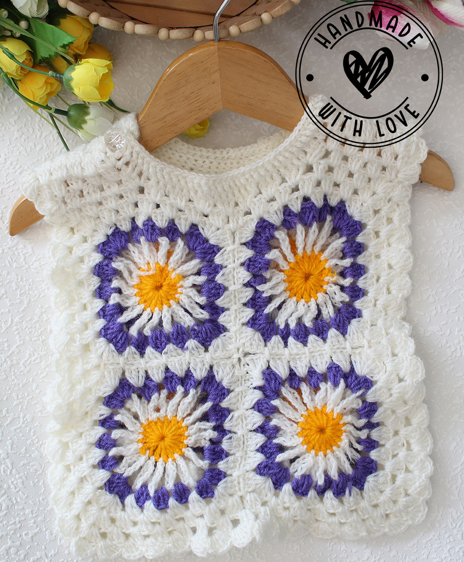 Woonie Hand Knit Sleeveless Floral Designed Crochet Sweater - Cream-image-43