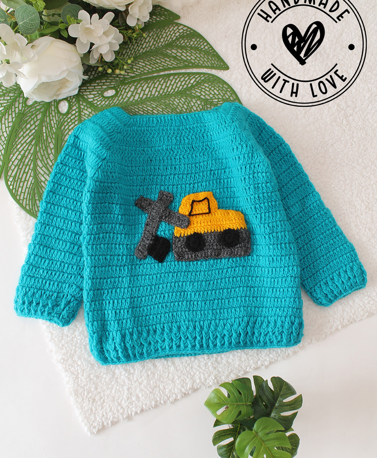 Woonie Hand Knit Full Sleeves Excavator Designed Crochet Sweater - Blue-image-10