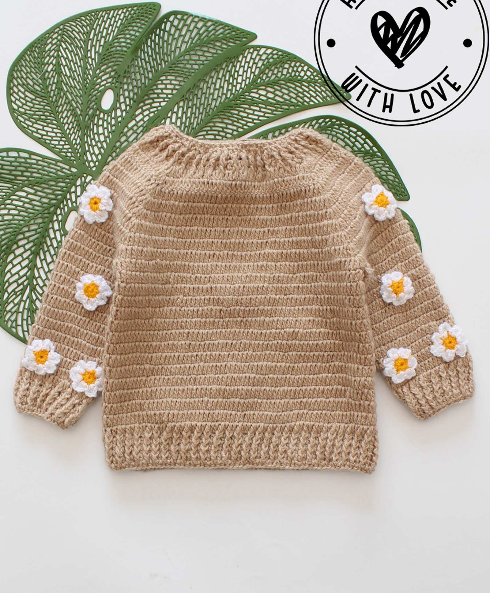 Woonie Hand Knit Full Sleeves Floral Designed Crochet Sweater - Beige-picture-11