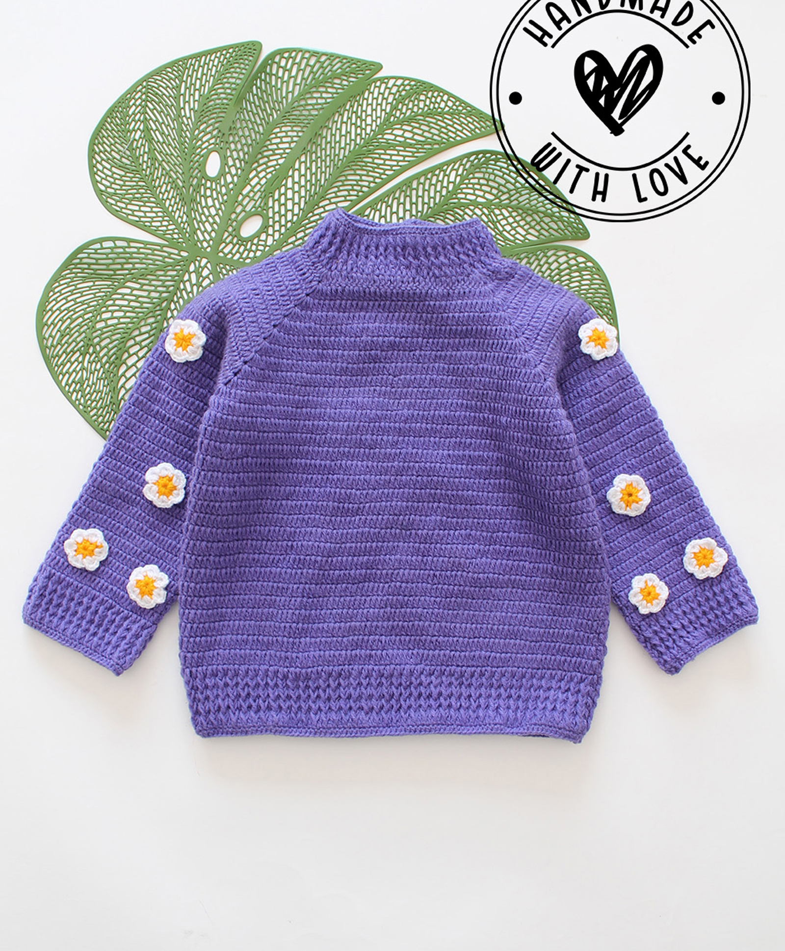 Woonie Hand Knit Full Sleeves Floral Designed Crochet Sweater - Purple-picture-15