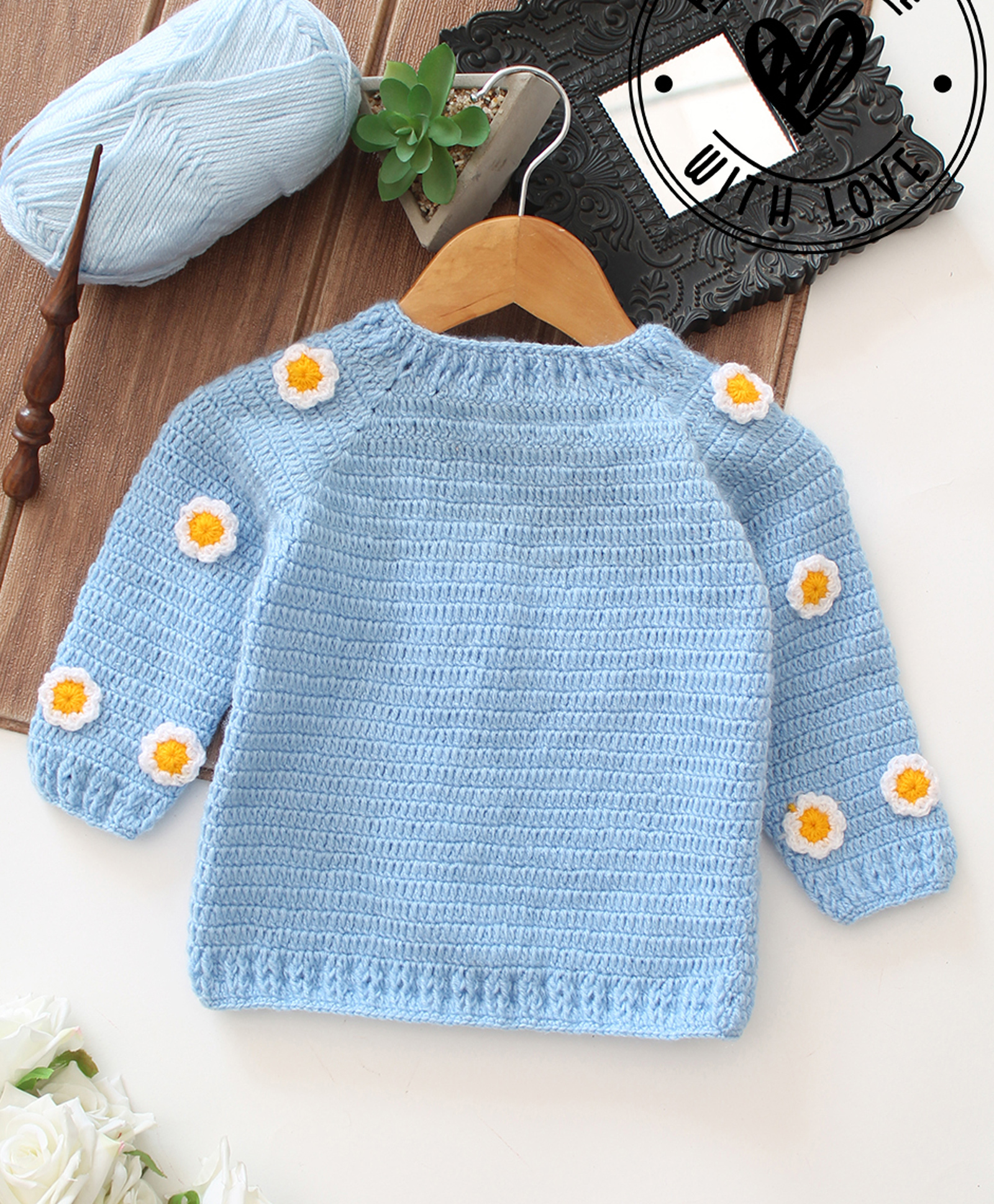 Woonie Hand Knit Full Sleeves Floral Designed Crochet Sweater - Blue-picture-14