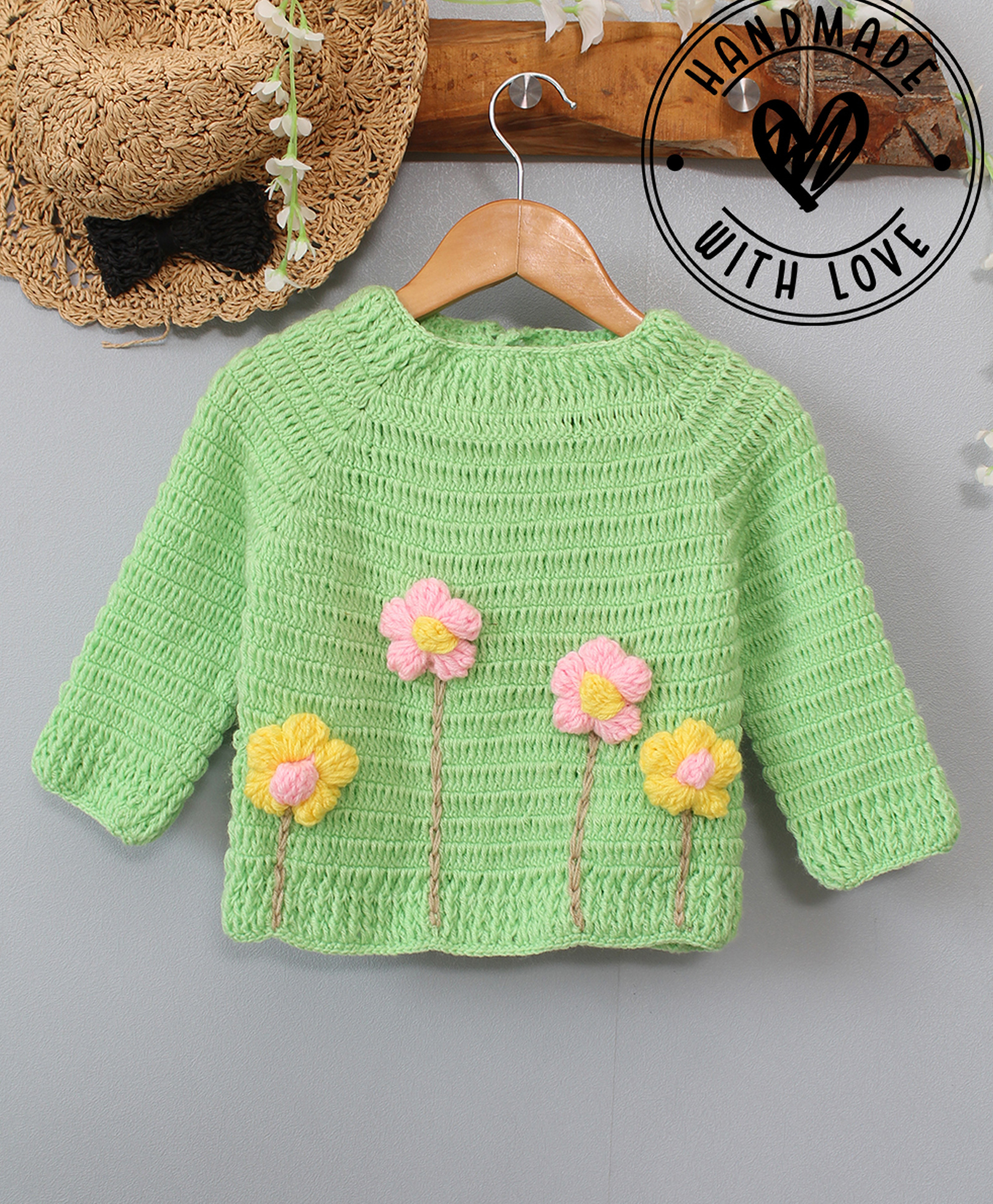 Woonie Hand Knit Full Sleeves Floral Designed Crochet Sweater - Green-picture-13