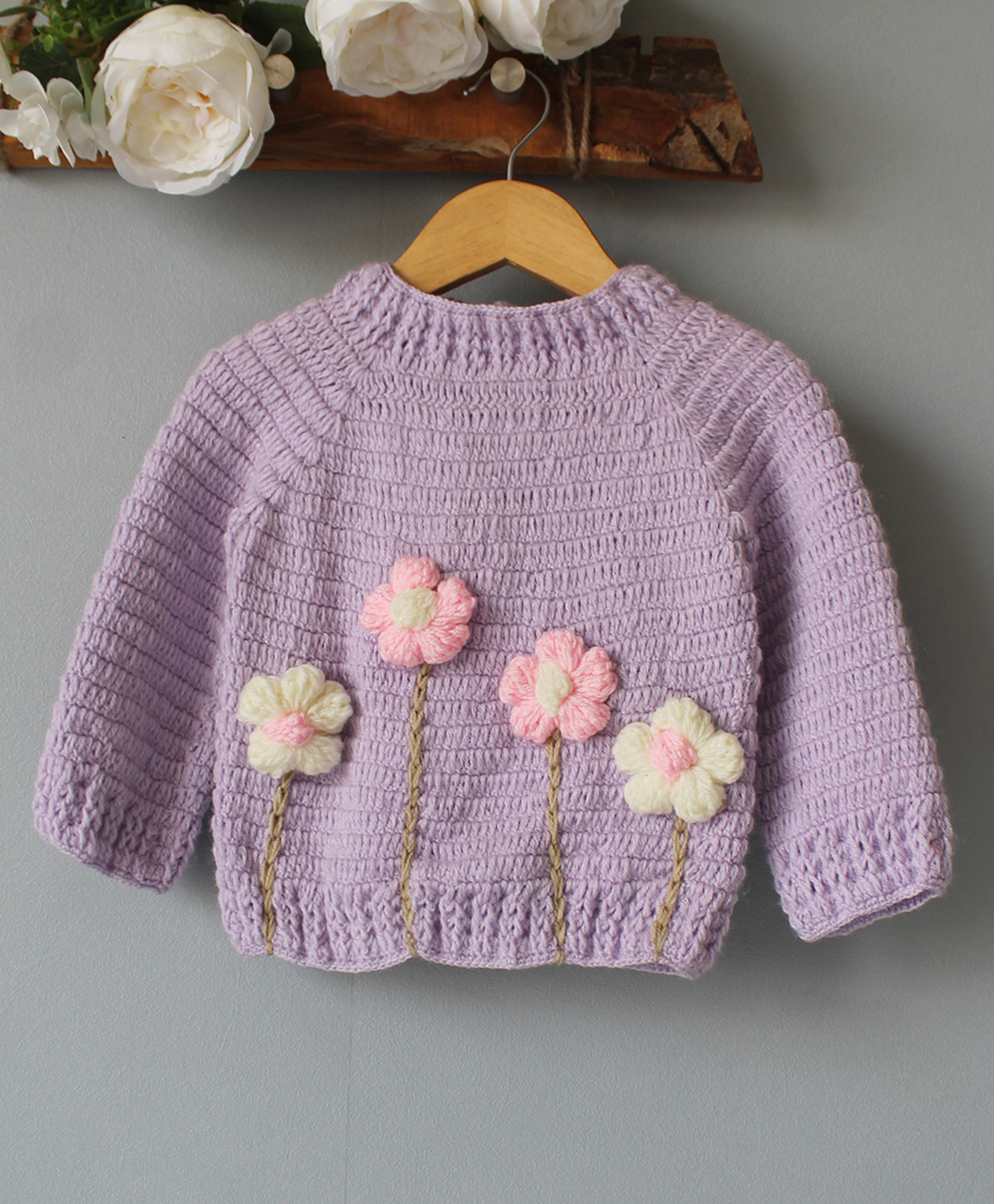 Woonie Hand Knit Full Sleeves Floral Designed Crochet Sweater - Lavender-picture-12