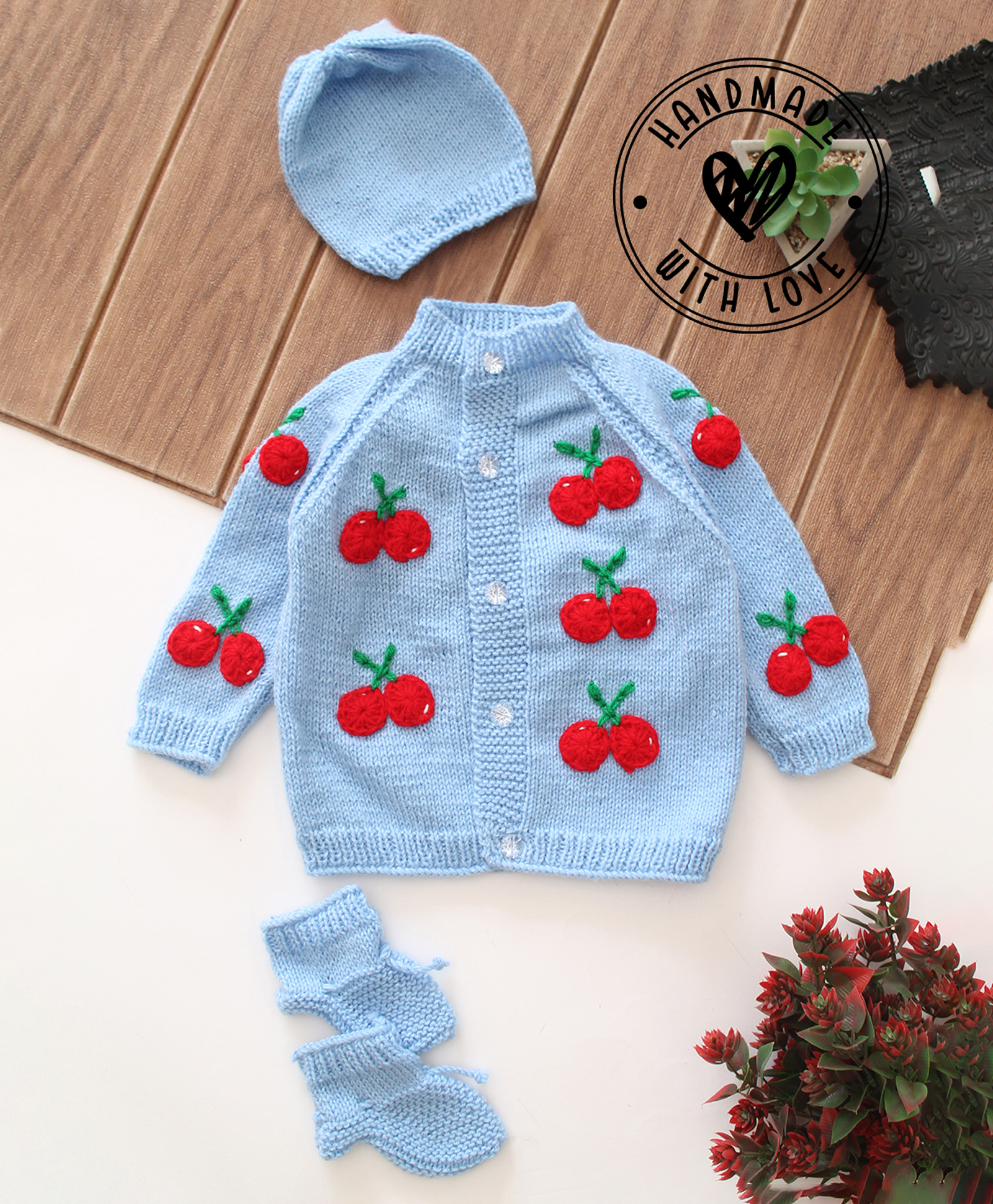 Woonie Hand Knitted Full Sleeves Cherry Crochet Designed Sweater With Cap & Booties Set - Blue-picture-34