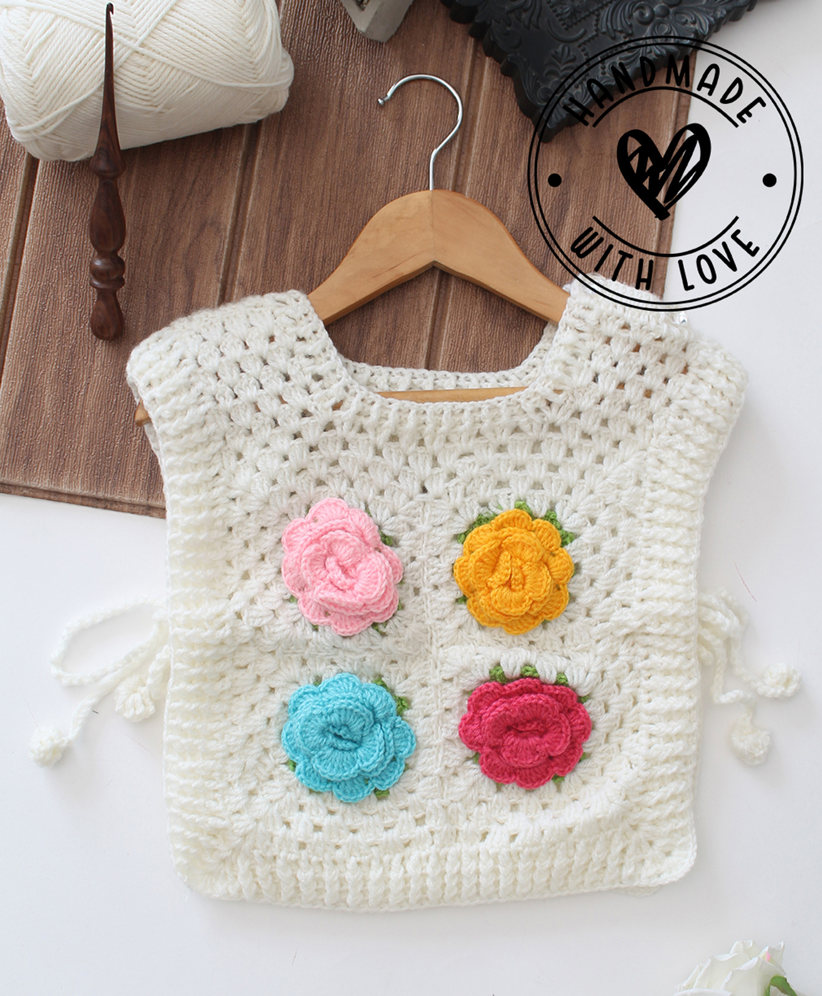 Woonie Hand Knitted Sleeveless Floral Crochet Designed Sweater - Off White-image-24