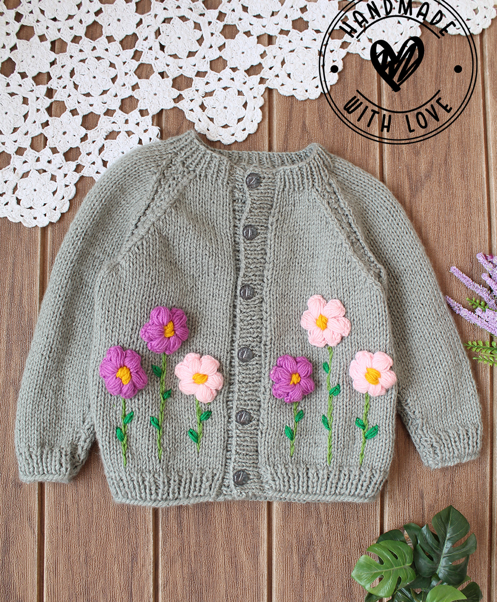 Woonie Hand Knitted Full Sleeves Floral Embroidered & Applique Detailed Sweater - Grey-image-15