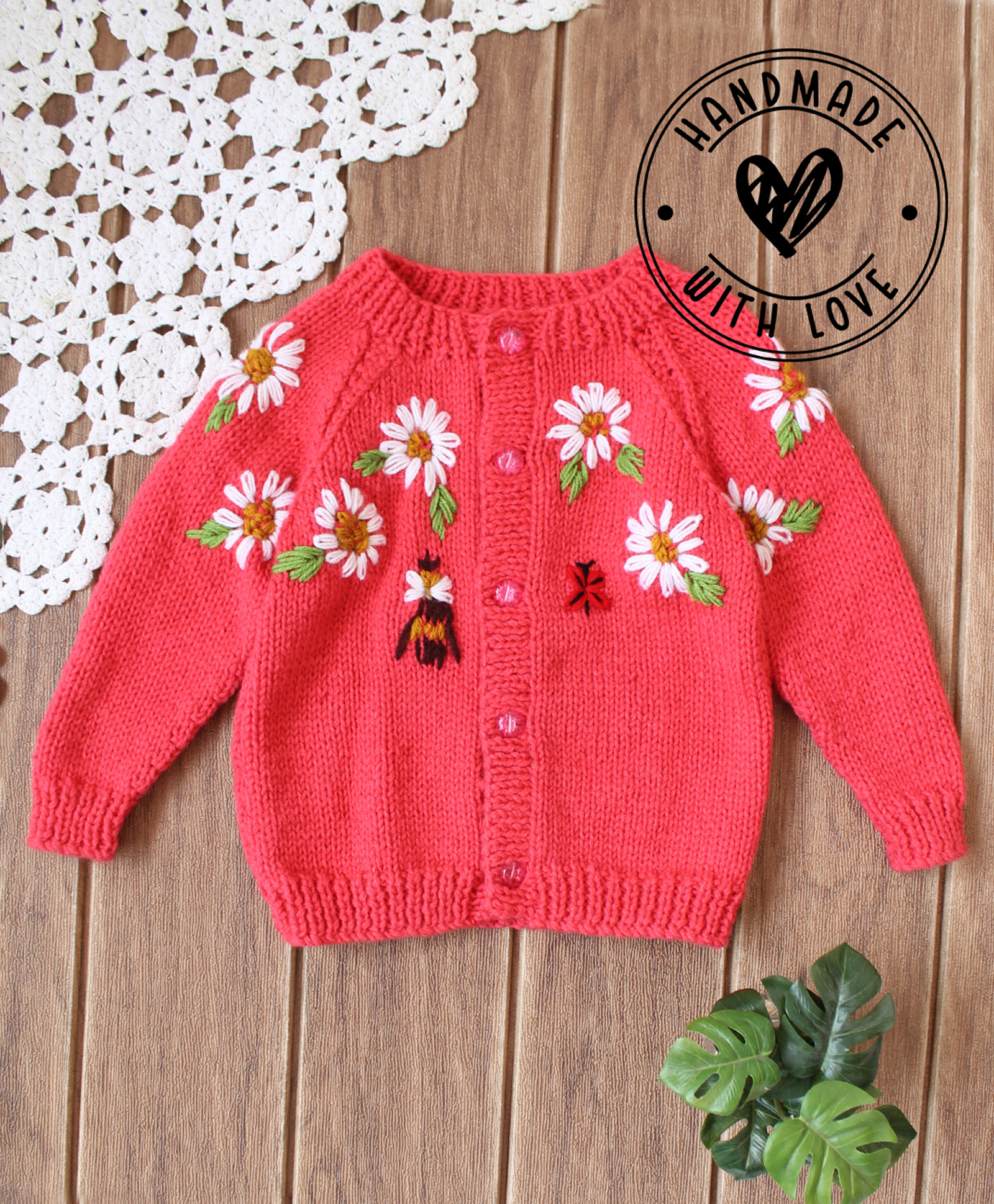 Woonie Hand Knitted Full Sleeves Floral Embroidered Sweater - Coral-picture-26