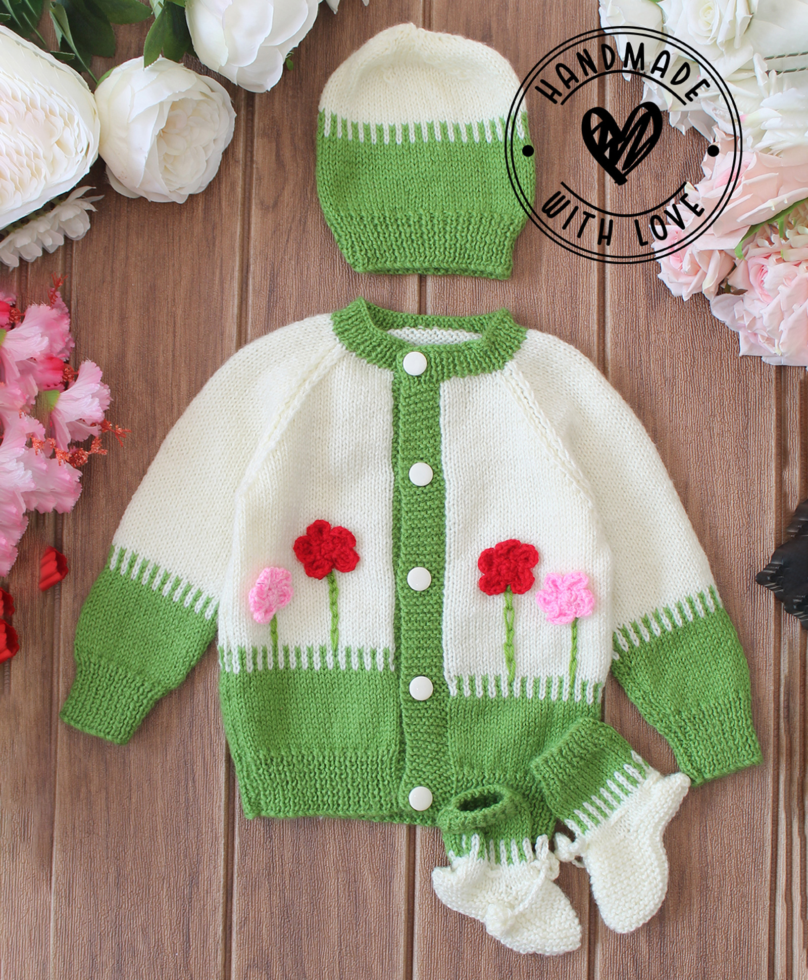 Woonie Hand Knit Full Sleeves Floral Designed Sweater Set with Cap and Booties - Green-picture-34