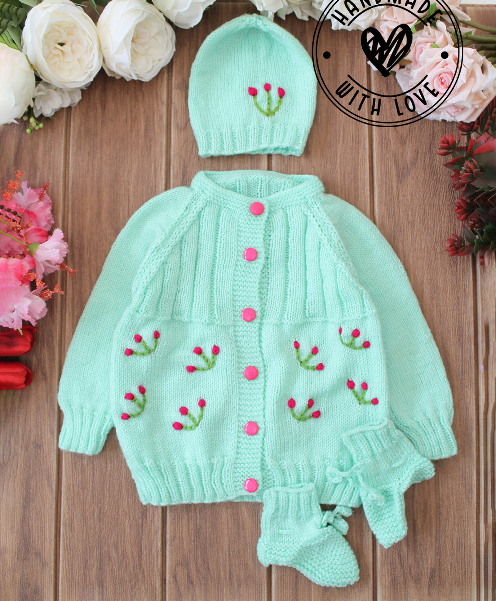Woonie Hand Knit Full Sleeves Floral Designed Sweater Set with Cap and Booties - Green-picture-20