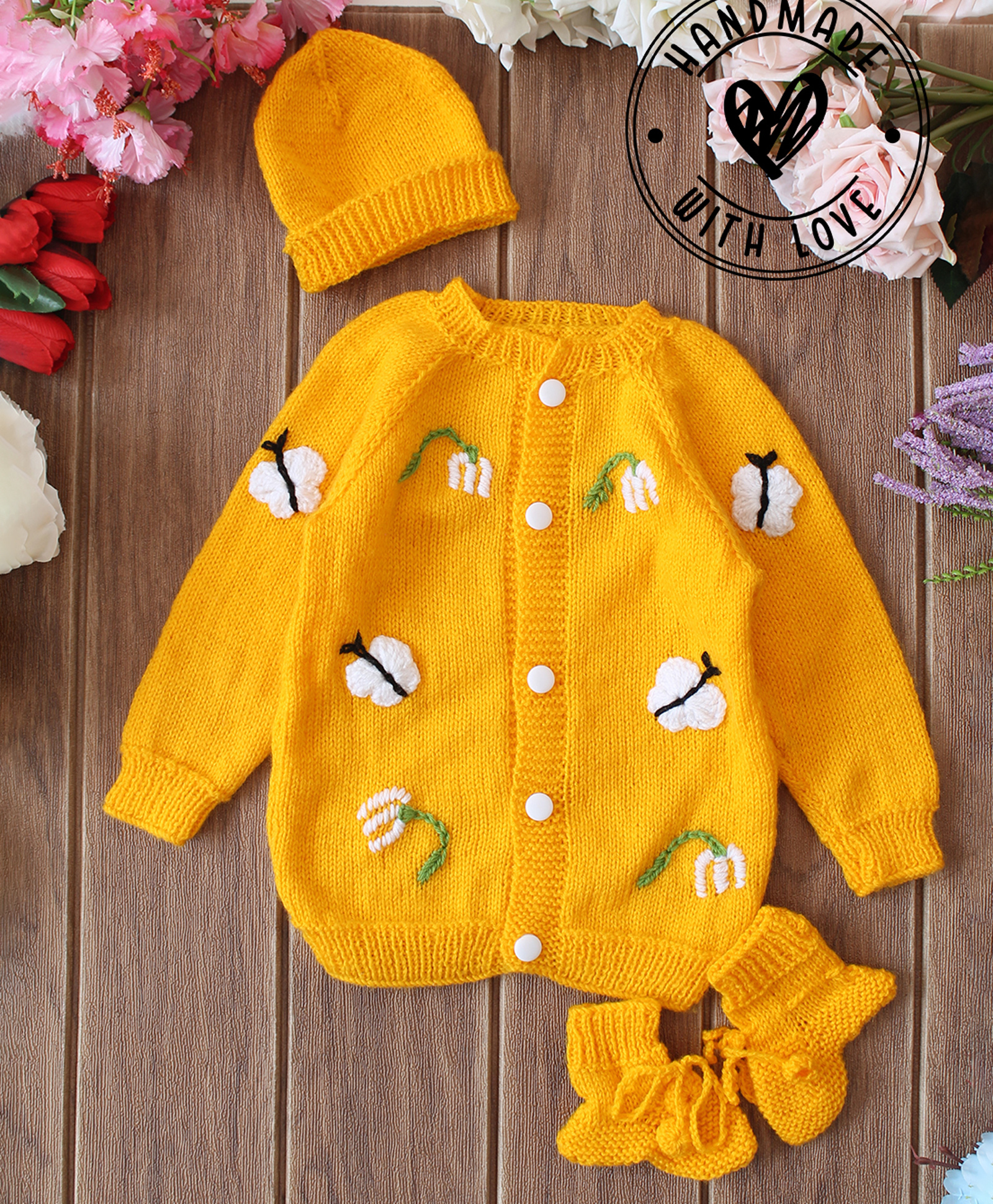 Woonie Hand Knit Full Sleeves Floral & Butterfly Designed Sweater Set with Cap and Booties - Yellow-picture-32