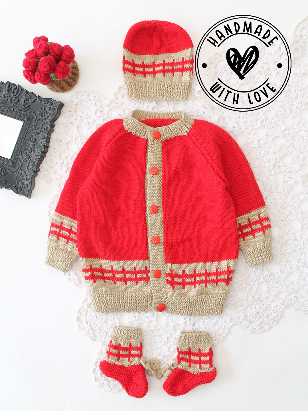 Woonie Hand Knit Full Sleeves Colour Blocked Sweater Set with Cap and Booties - Red-image-42
