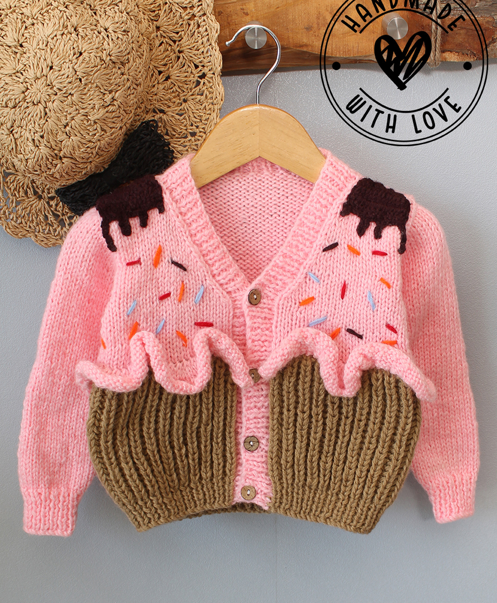 Woonie Hand Knit Full Sleeves Cupcake Designed Cardigan - Pink-image-2