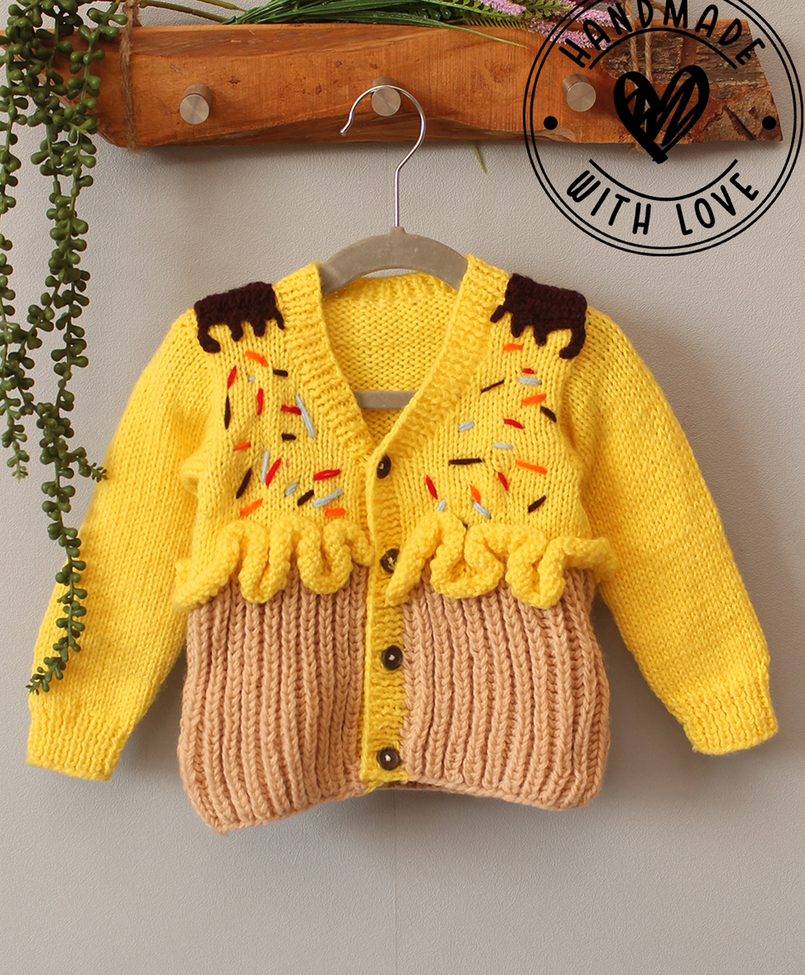 Woonie Hand Knit Full Sleeves Cupcake Designed Cardigan - Yellow-image-24