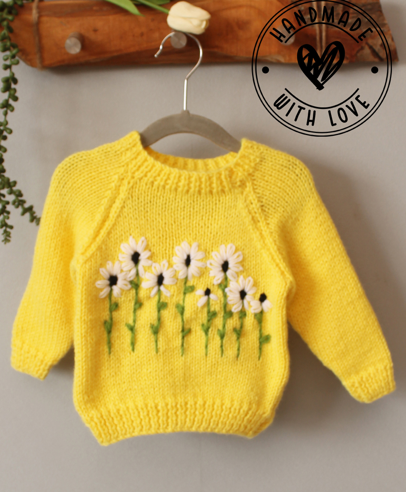 Woonie Hand Knit Full Sleeves Floral Designed Sweater - Yellow-picture-17