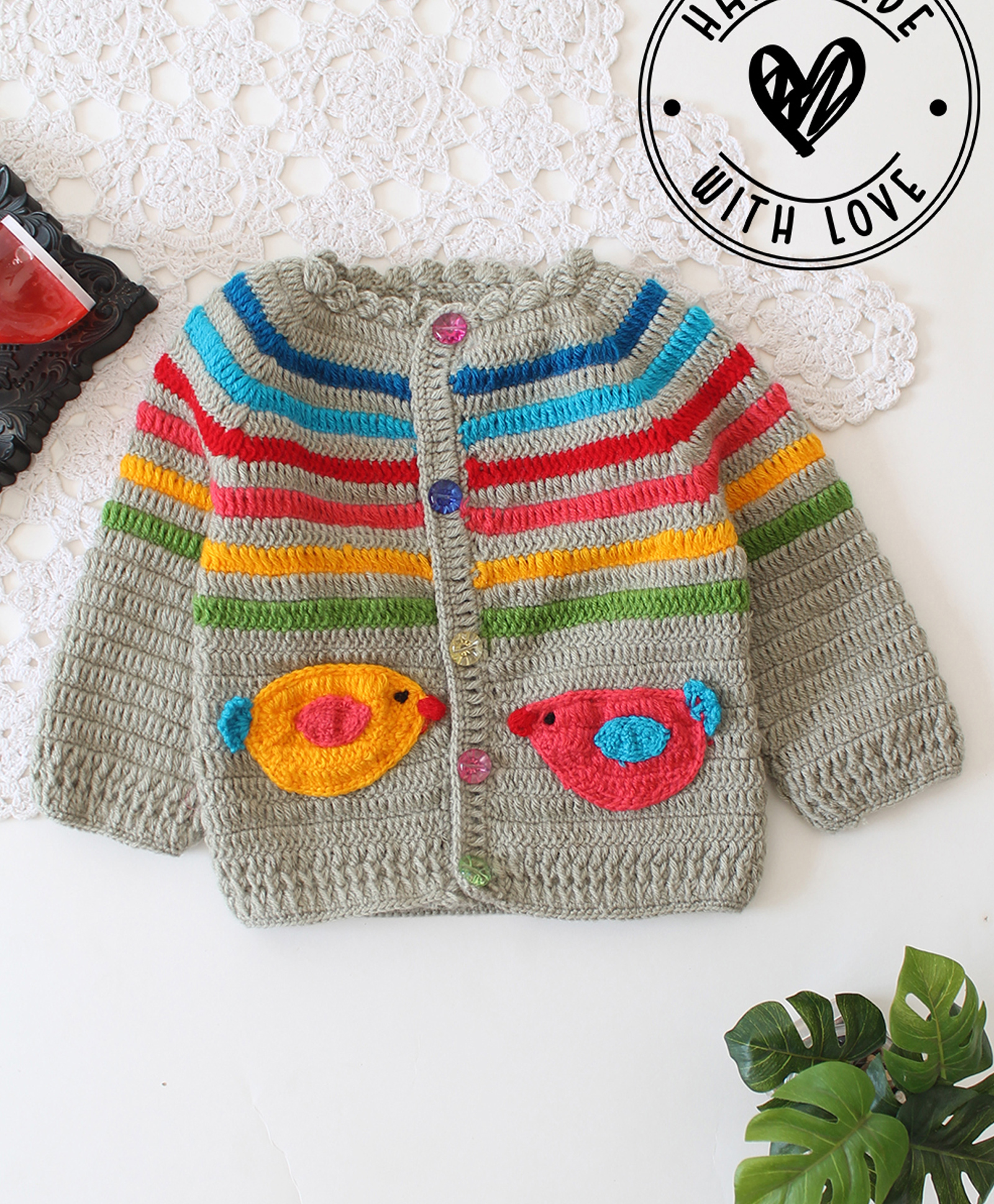 Woonie Hand Knit Full Sleeves Bird Designed Sweater - Grey-image-41