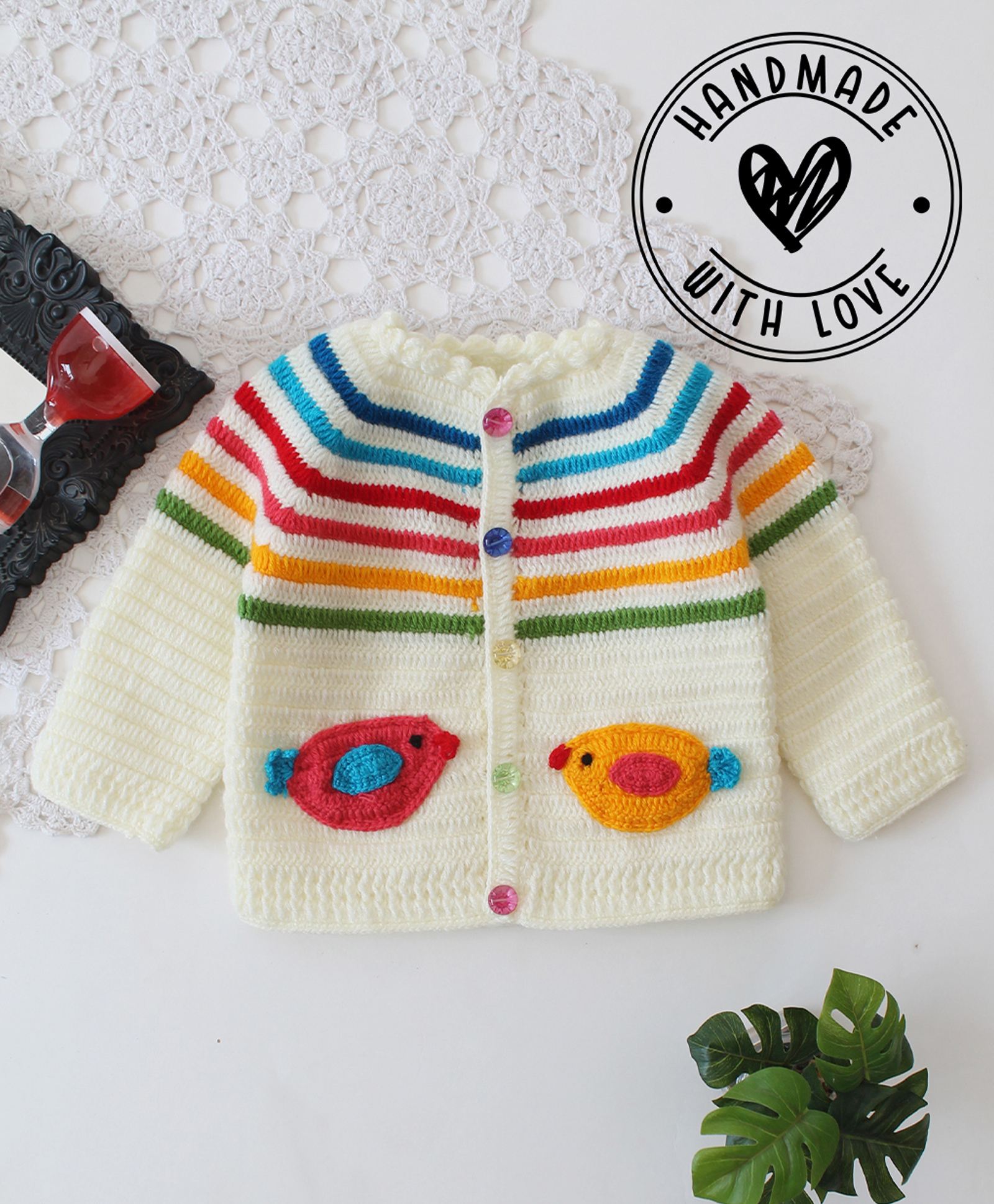 Woonie Hand Knit Full Sleeves Bird Designed Sweater - Cream-image-31