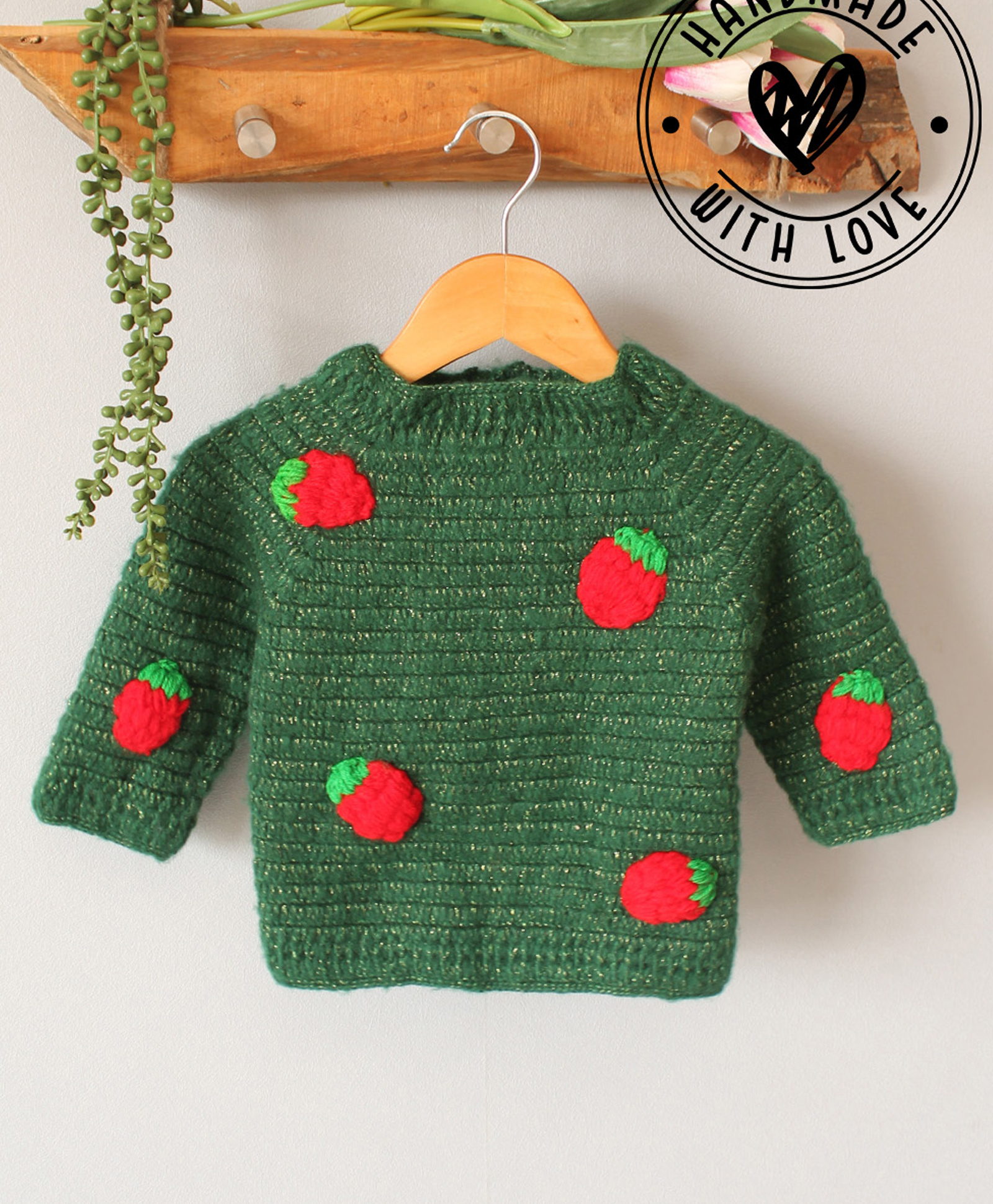 Woonie Hand Knit Full Sleeves Strawberry Applique Detailed Crochet Sweater - Green-image-11