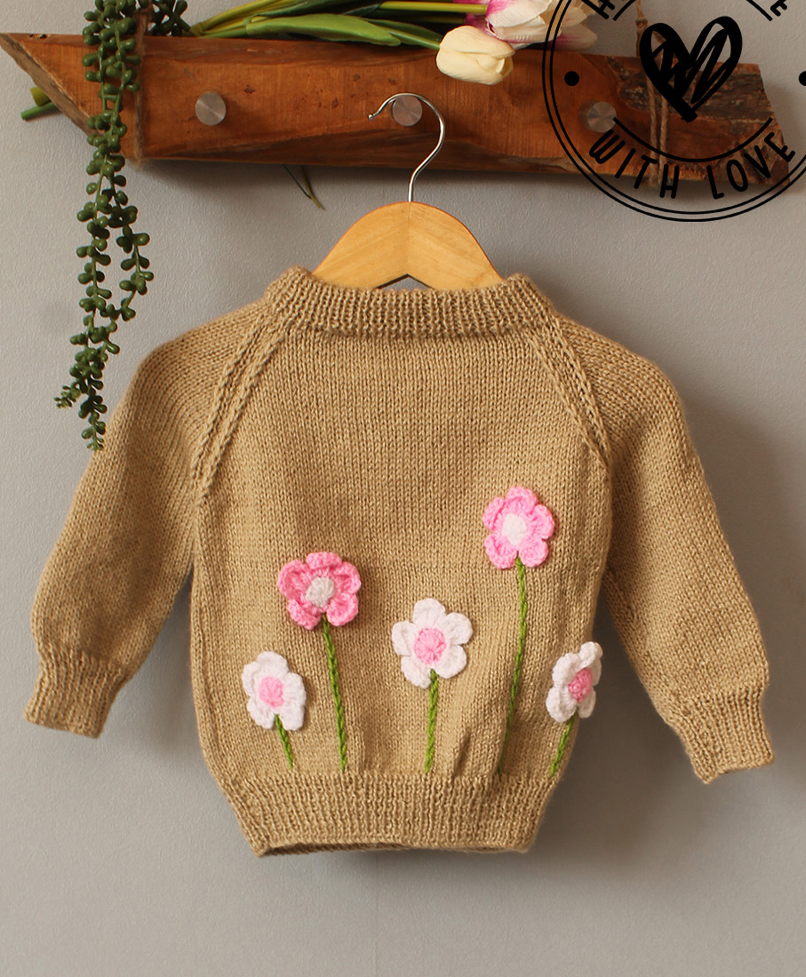 Woonie Hand Knit Full Sleeves Floral Applique Detailed Crochet Sweater - Beige-picture-14