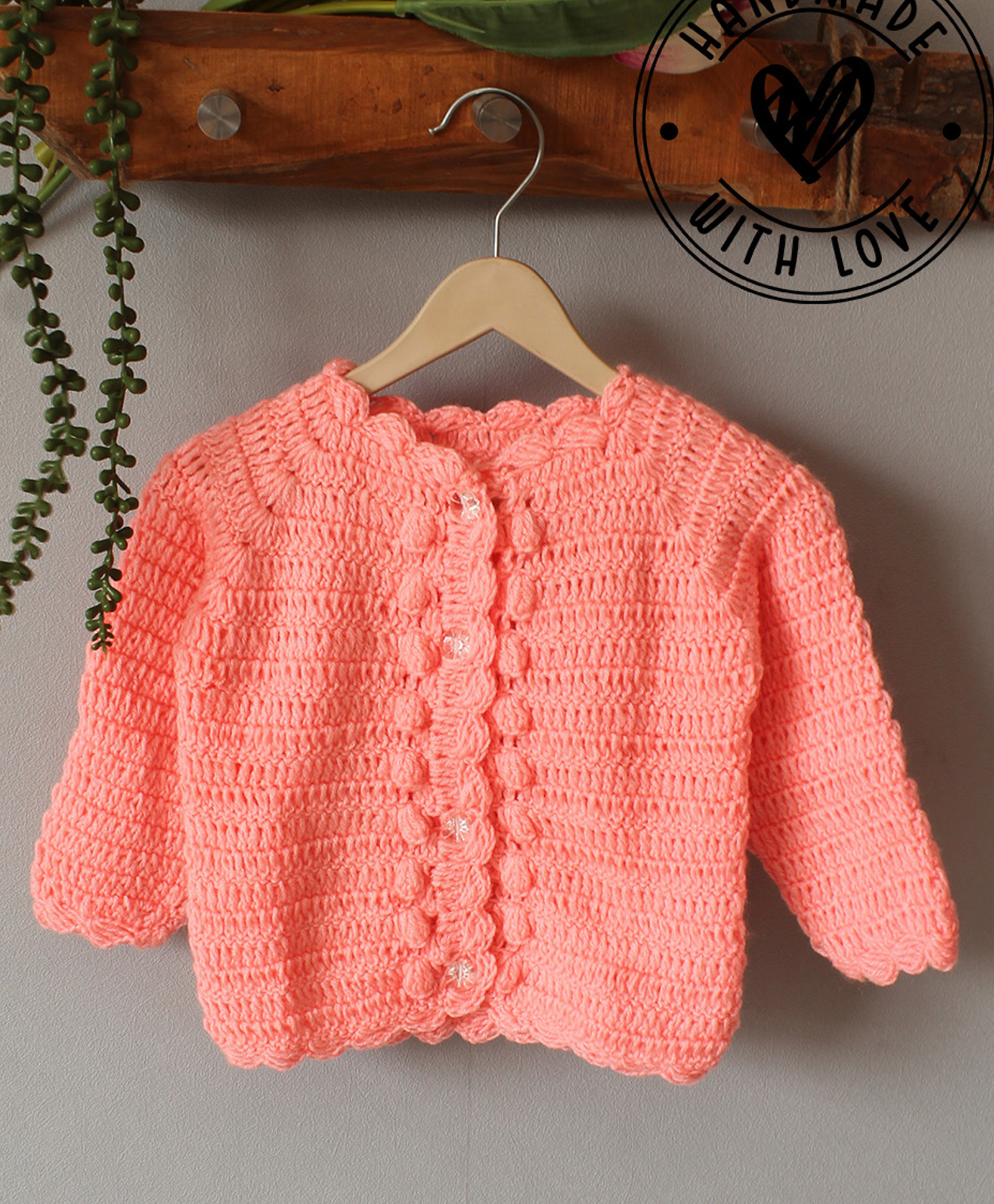 Woonie Hand Knit Full Sleeves Self Designed Crochet Cardigan - Peach-image-10