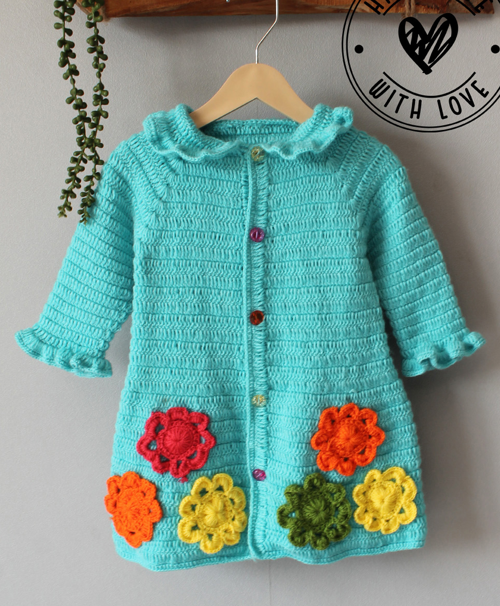 Woonie Hand Knit Full Sleeves Floral Applique Detailed Peter Pan Collared Crochet Sweater - Blue-picture-27