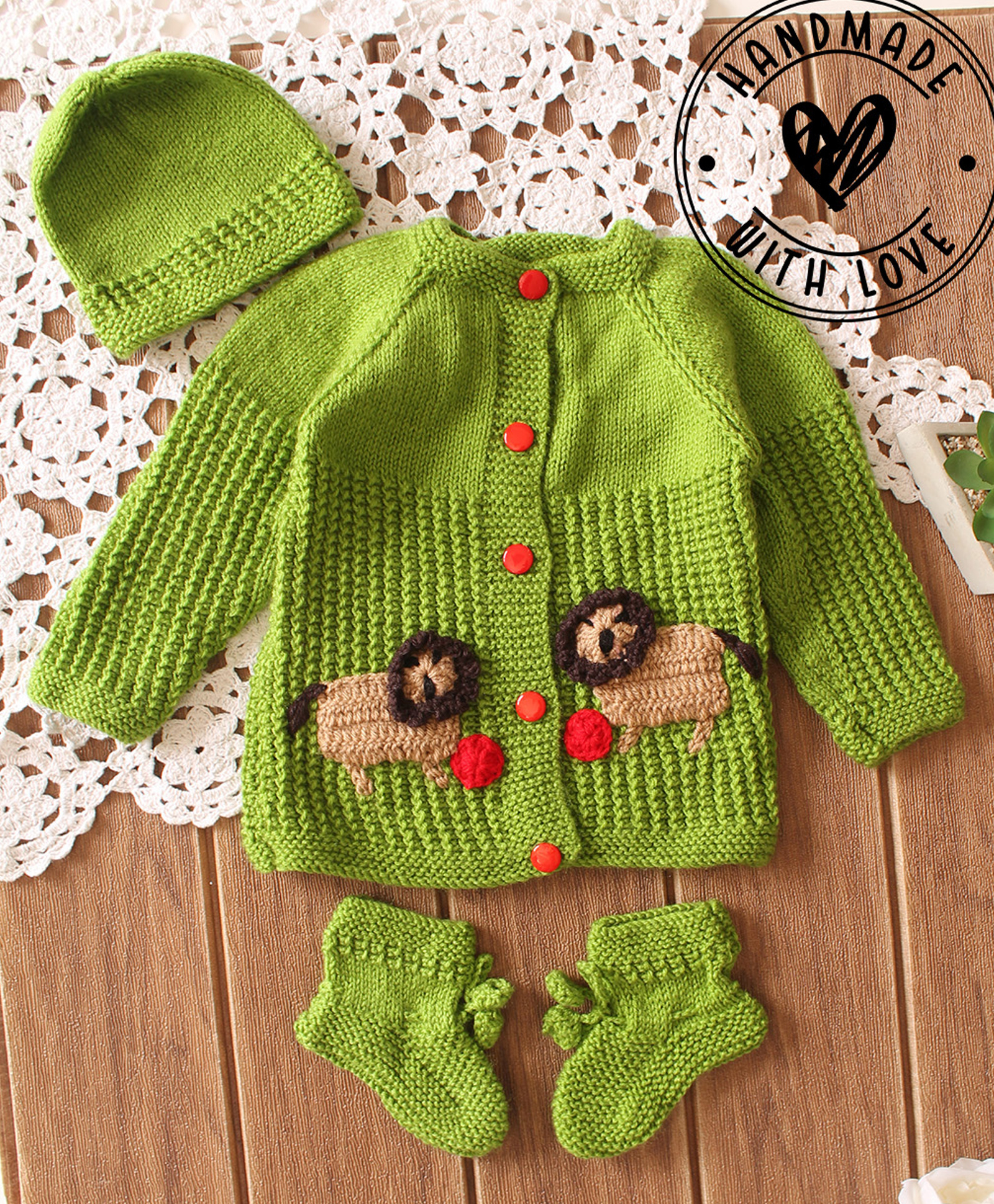 Woonie Hand Knit Full Sleeves Lion Applique Detailed Crochet Sweater With Cap & Booties - Green-picture-19
