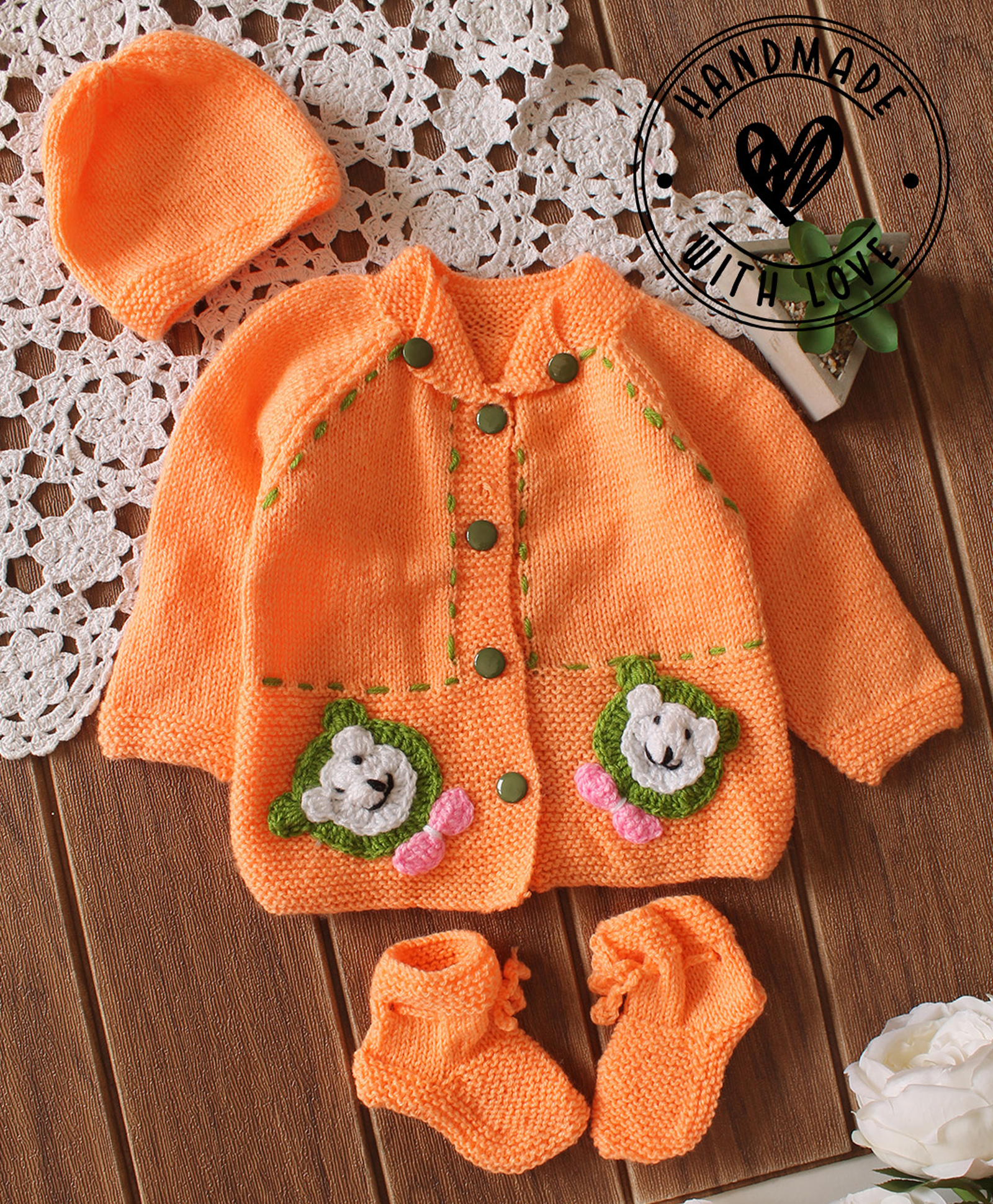 Woonie Hand Knit Full Sleeves Bear Applique Detailed Crochet Cardigan With Cap & Booties - Orange-image-1