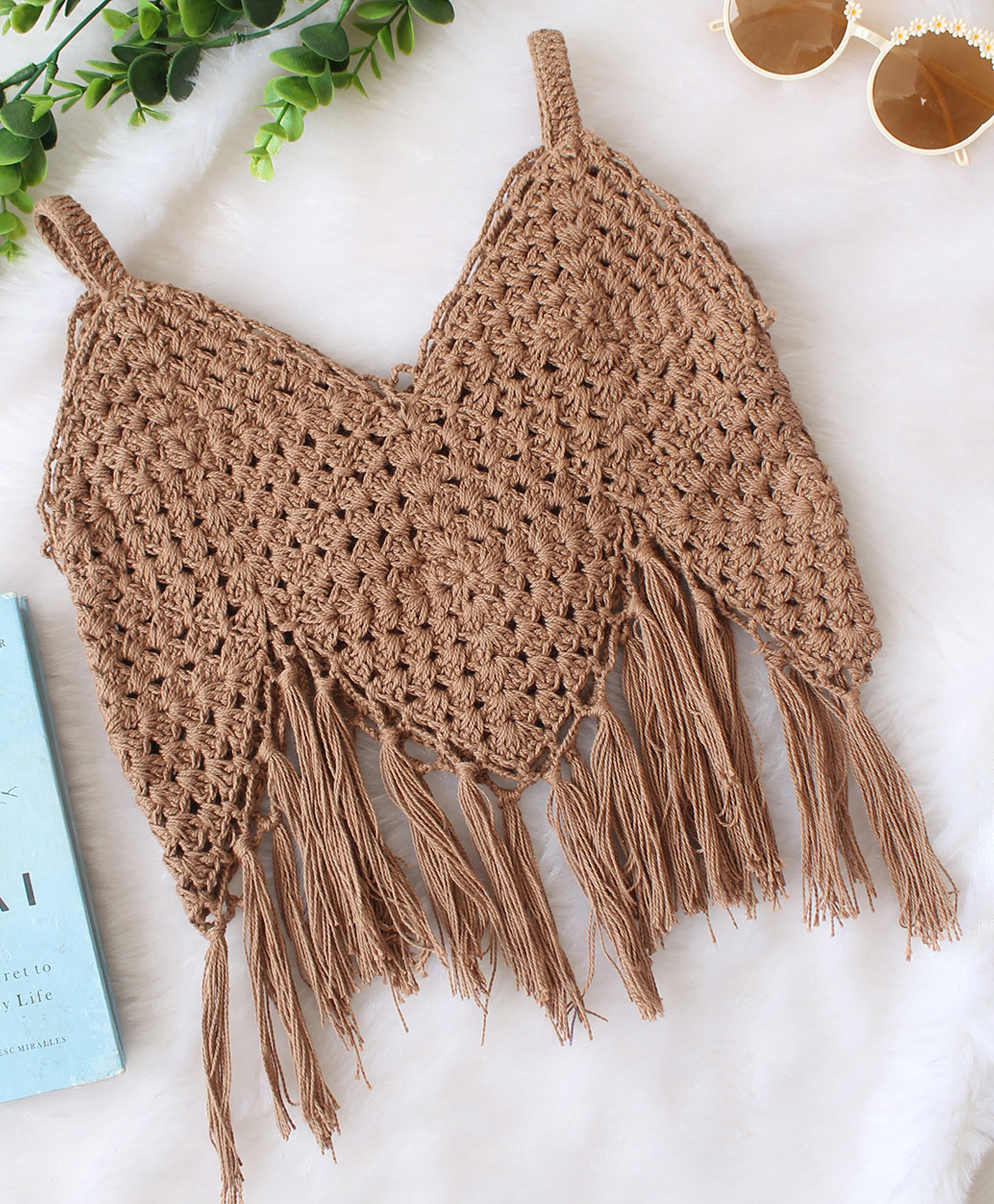 Woonie Cotton Knit Sleeveless Tassels Detailed Hand Knitted Crochet Top - Brown-picture-13