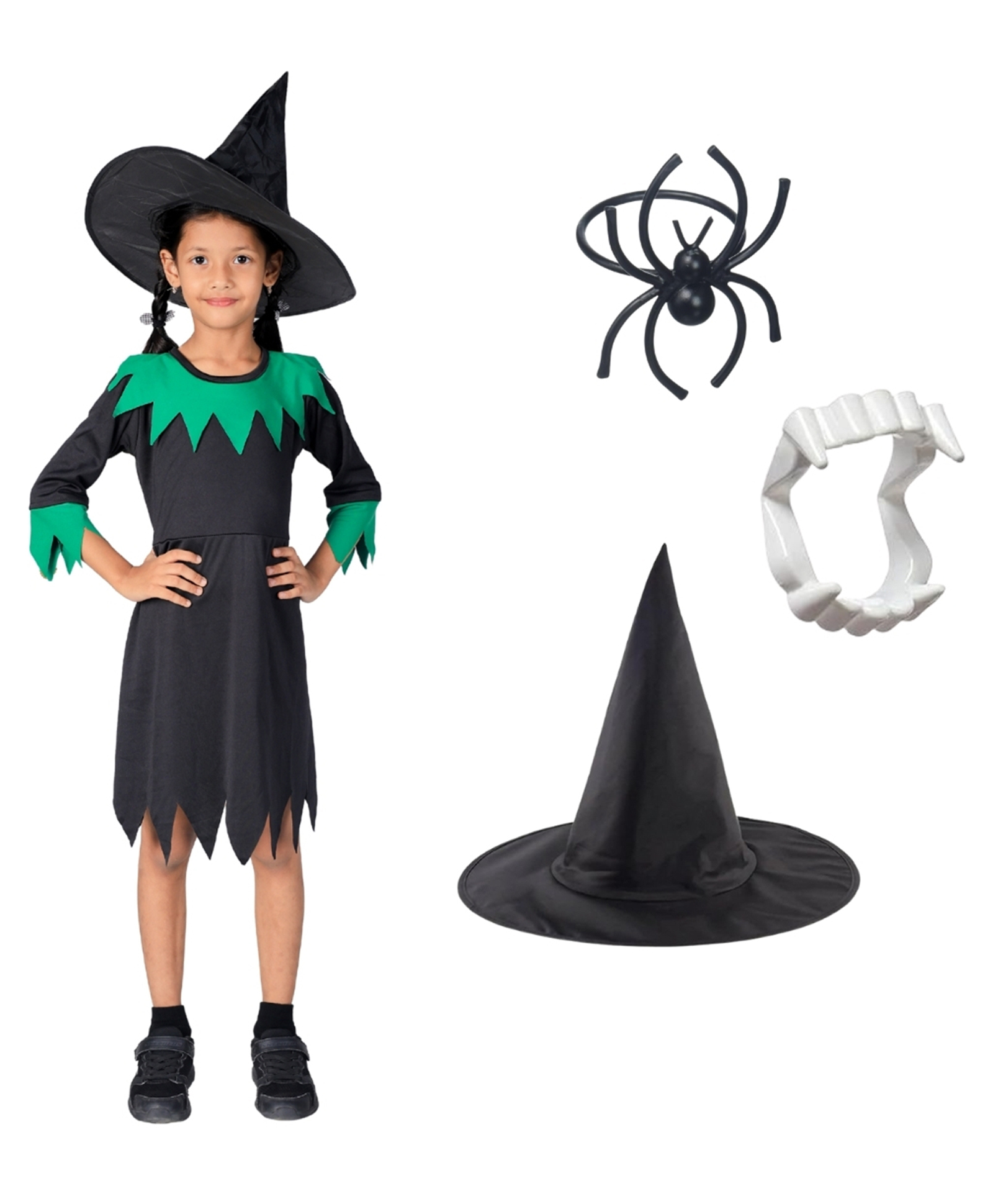 Itsmycostume Halloween Theme Three Fourth Sleeves Witch Costume With Fake Spider Ring & Dracula Teeth - Black-image-13