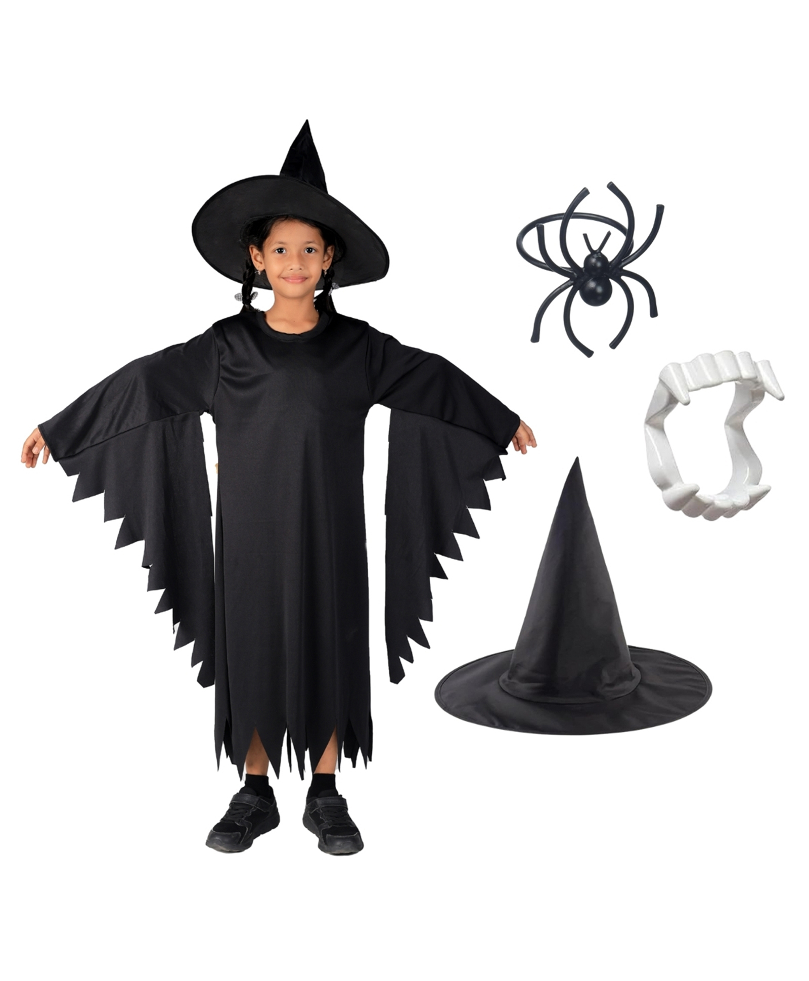 Itsmycostume Halloween Theme Full Sleeves Witch Costume With Fake Spider Ring & Dracula Teeth - Black-image-11