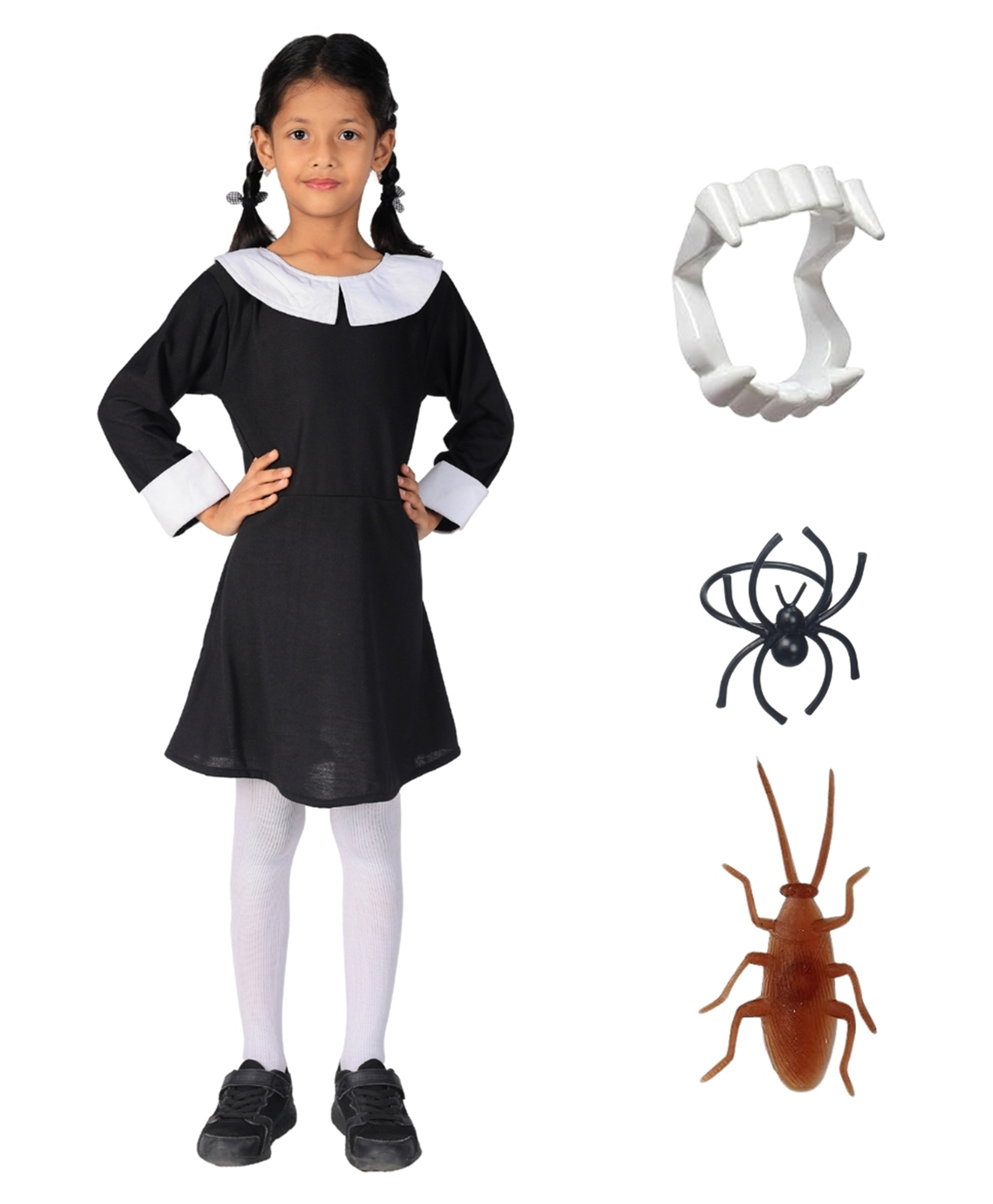 Itsmycostume Halloween Theme Full Sleeves Witch Costume With Fake Spider Ring Cockroach Toy & Dracula Teeth - Black-image-14