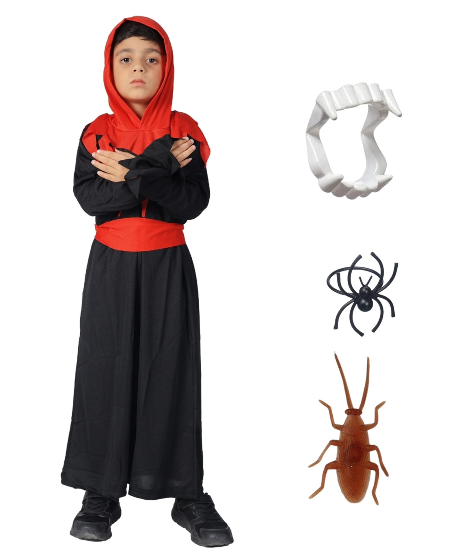 Itsmycostume Halloween Theme Full Sleeves Hooded Vampire Costume With Fake Spider Ring Cockroach Toy & Dracula Teeth - Black & Red-image-9
